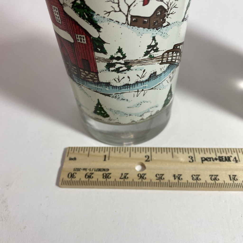 2-Drinking Glasses Currier Ives Winter Barn Snow  Scene.