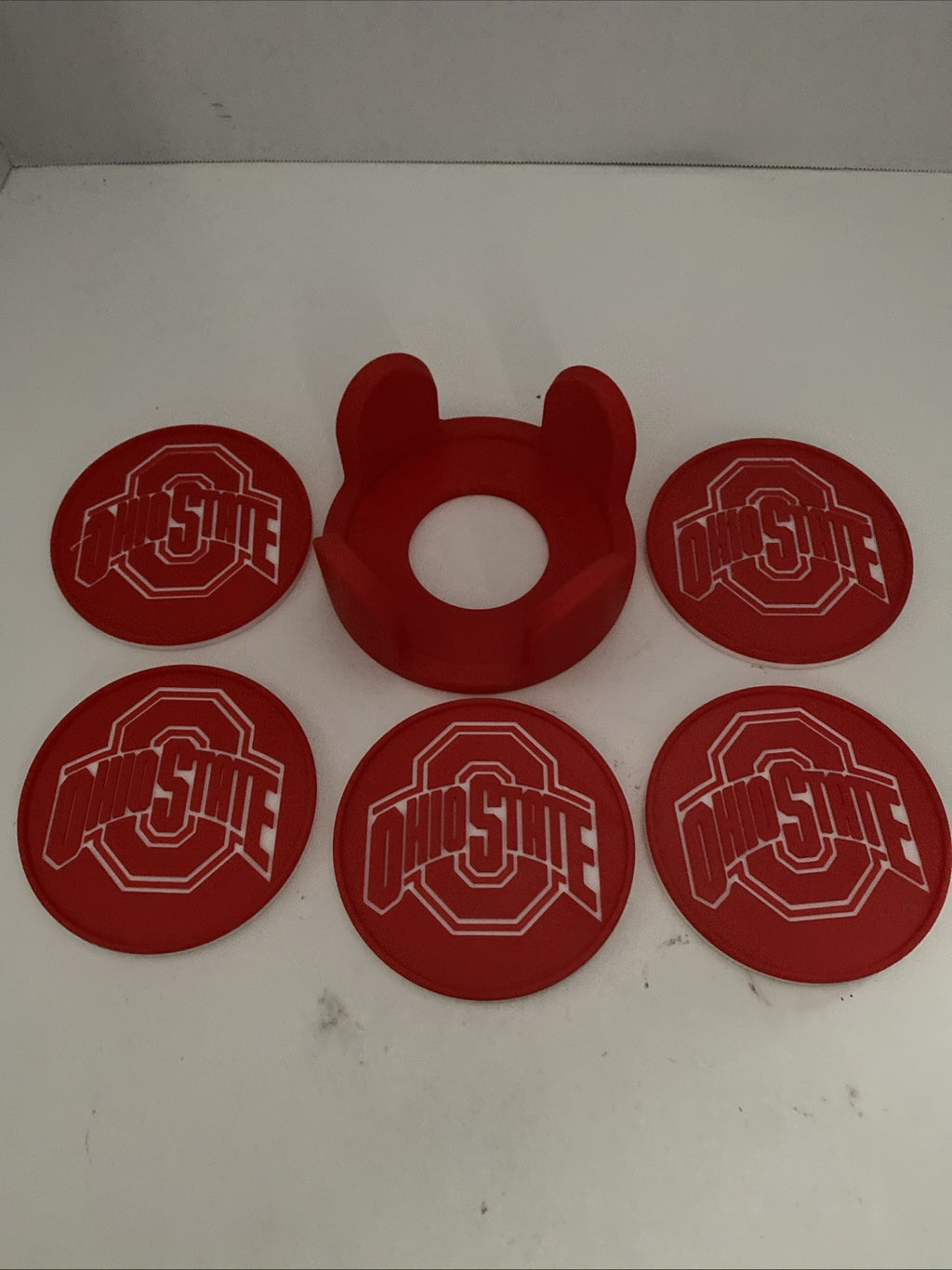 Custom 3-D printed Ohio State university coaster set five coasters and holder