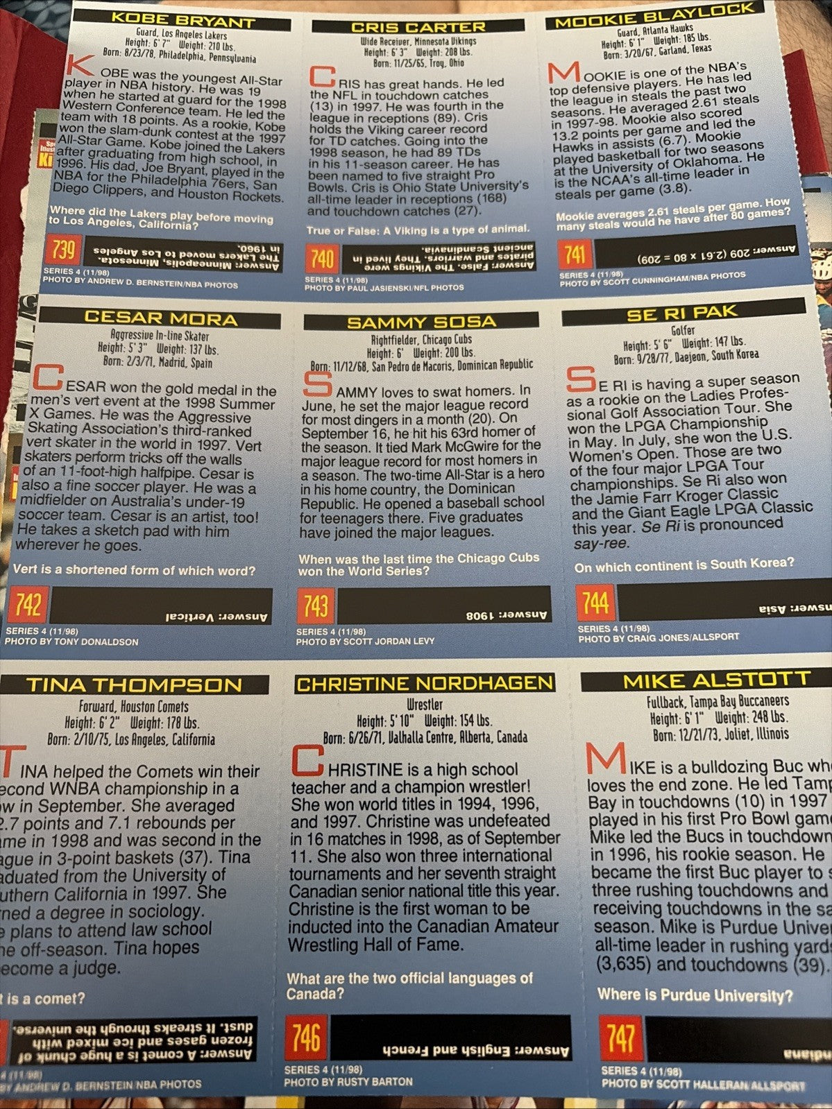 1998 KOBE BRYANT Sports Illustrated For Kids UNCUT SHEET Card #739 - Please Read
