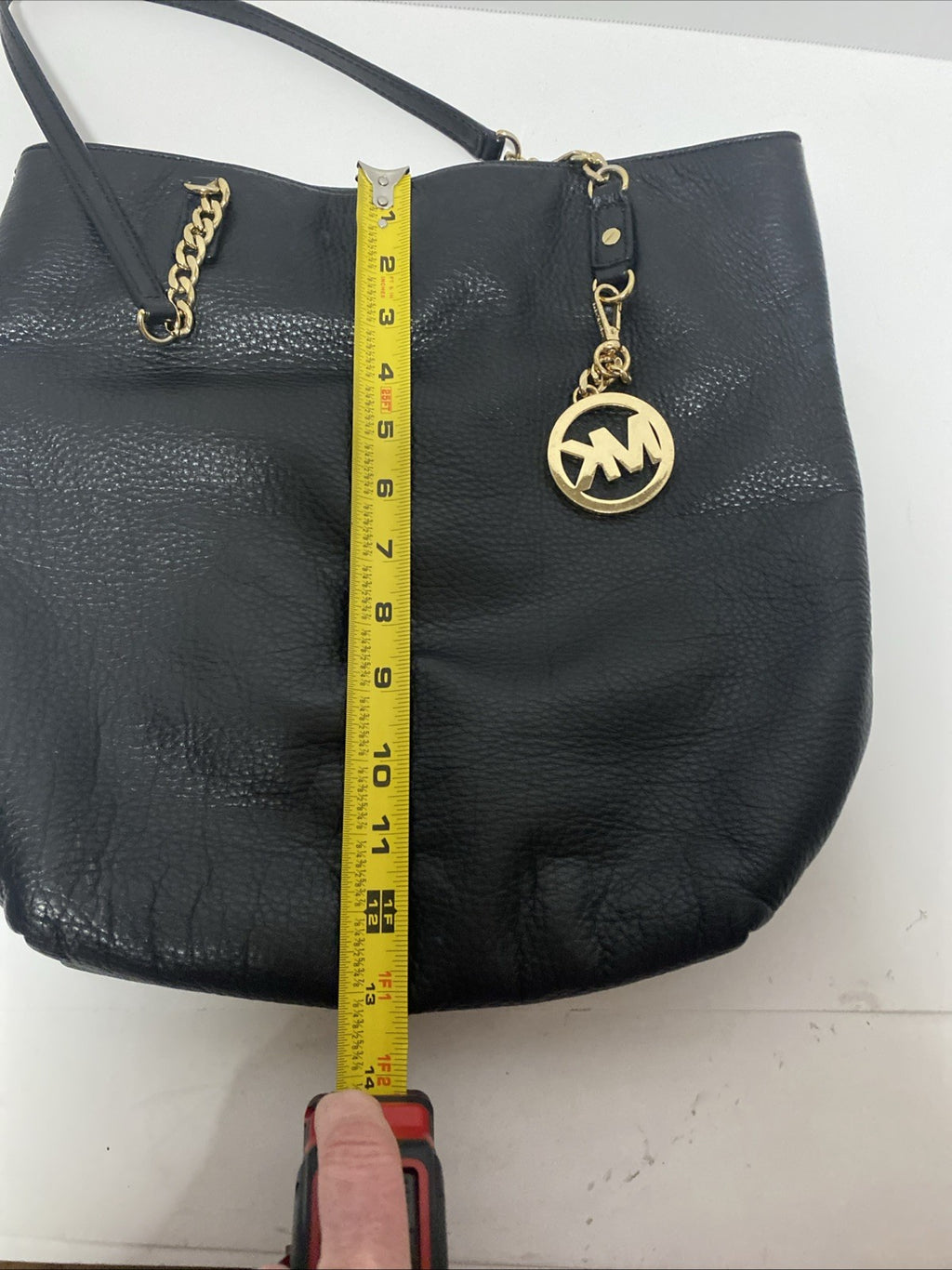 Michael Kors Black Pebbled Leather Handbag Purse Gold Medallion MK Chain EUC