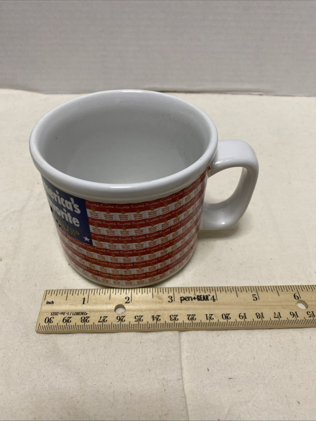 Campbell's Soup Mug Cup 1998 Flag AMERICAS FAVORITE SOUP Red White Blue VTG pop