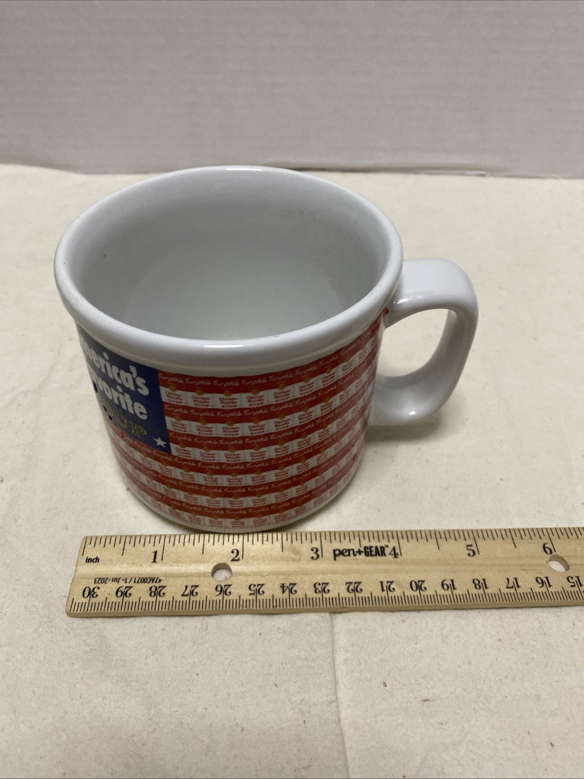 Campbell's Soup Mug Cup 1998 Flag AMERICAS FAVORITE SOUP Red White Blue VTG pop