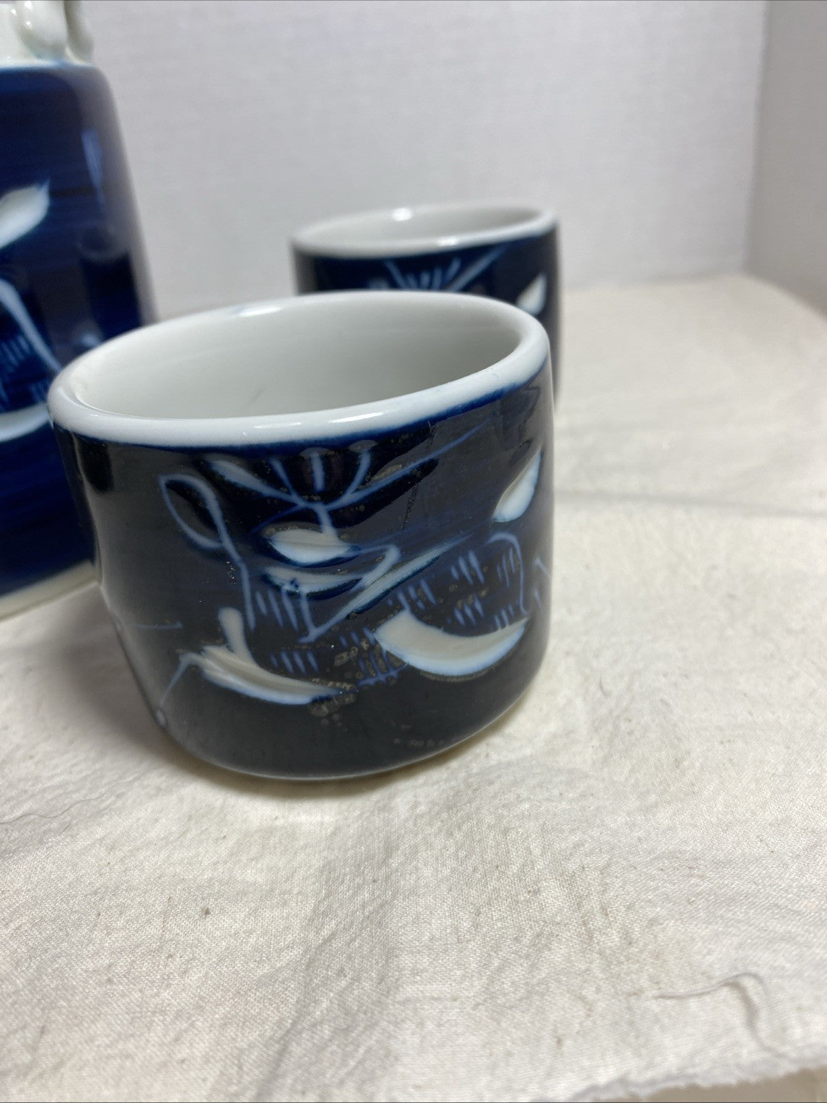 Vintage MCI Japan Blue Ceramic Teapot and Cup Set with White Etched Deer Design