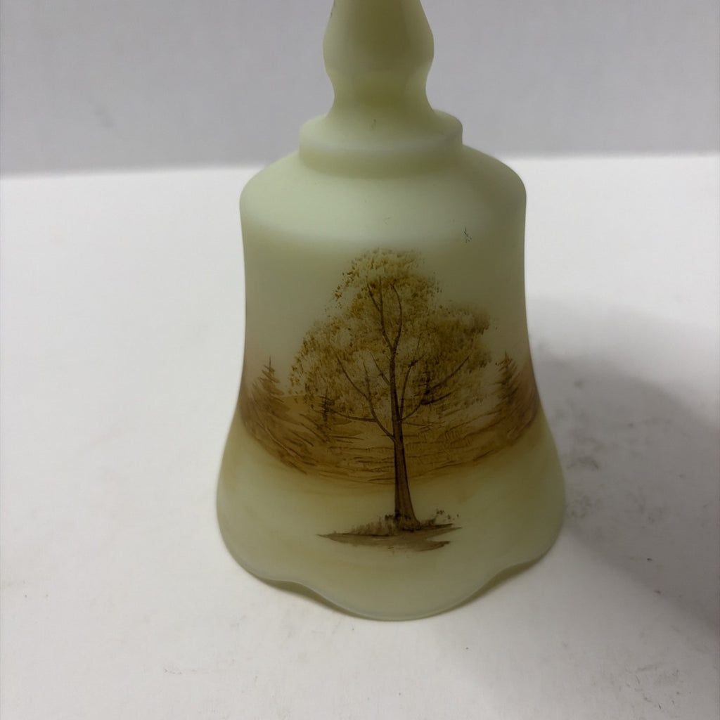 Vintage Fenton Uranium Custard Glass Bell Log Cabin Hand Painted Signed ~ Glows