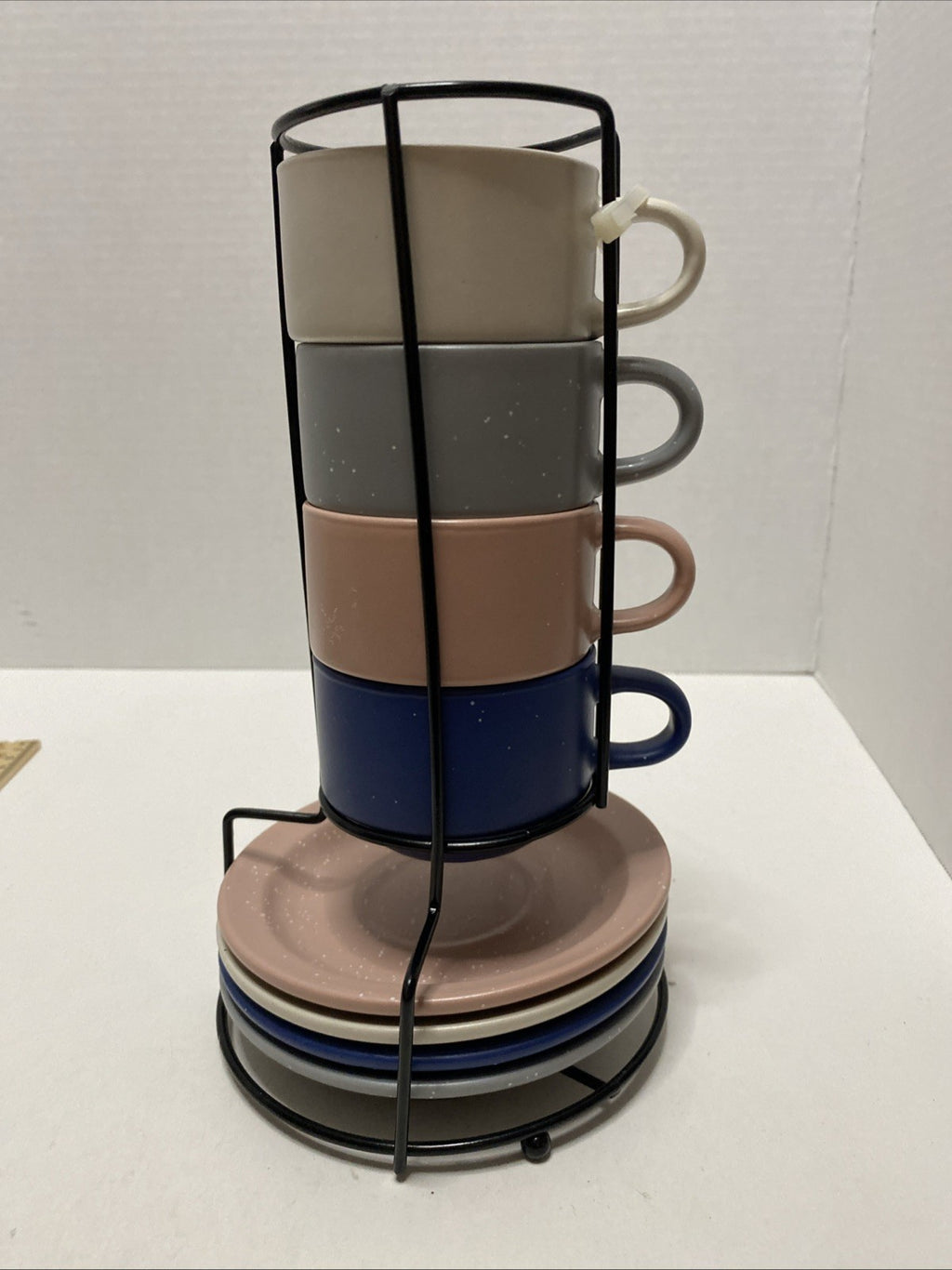 Stoneware Stackable Espresso Cups with Saucers and Metal Stand Set of...4
