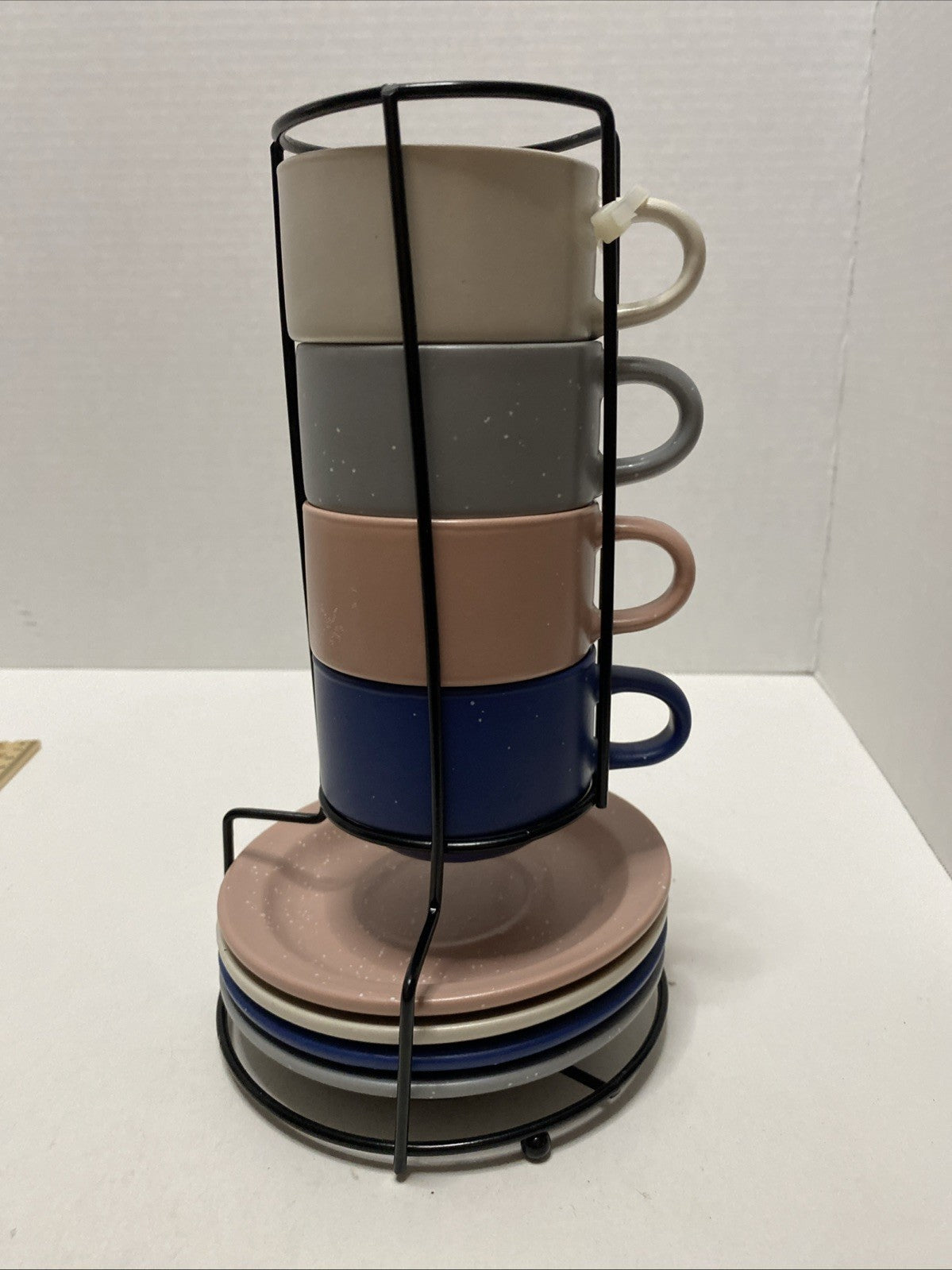 Stoneware Stackable Espresso Cups with Saucers and Metal Stand Set of...4