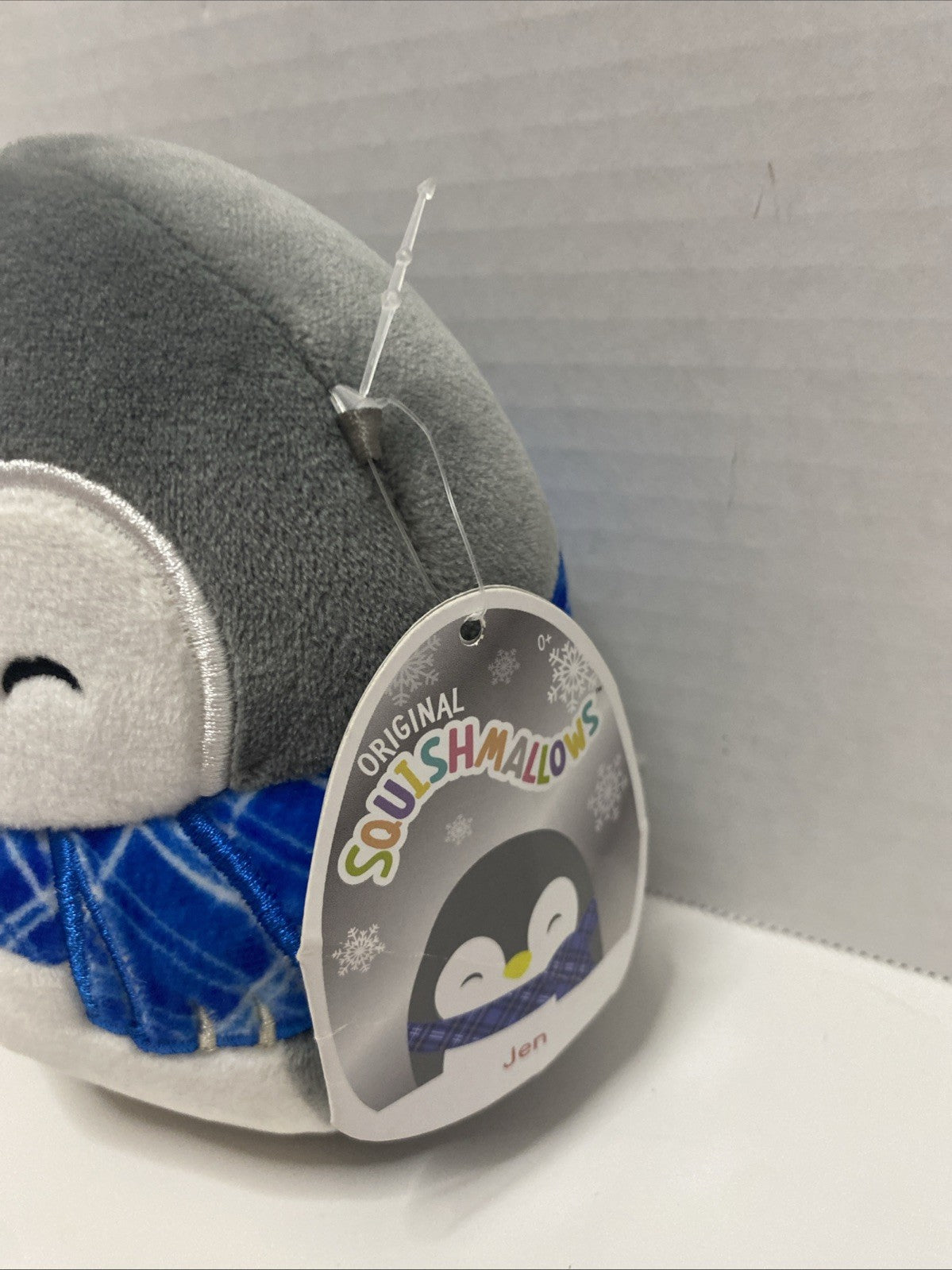 Squishmallow 6”Jen Penguin Grey White Plush Blue Plaid Scarf Kellytoy