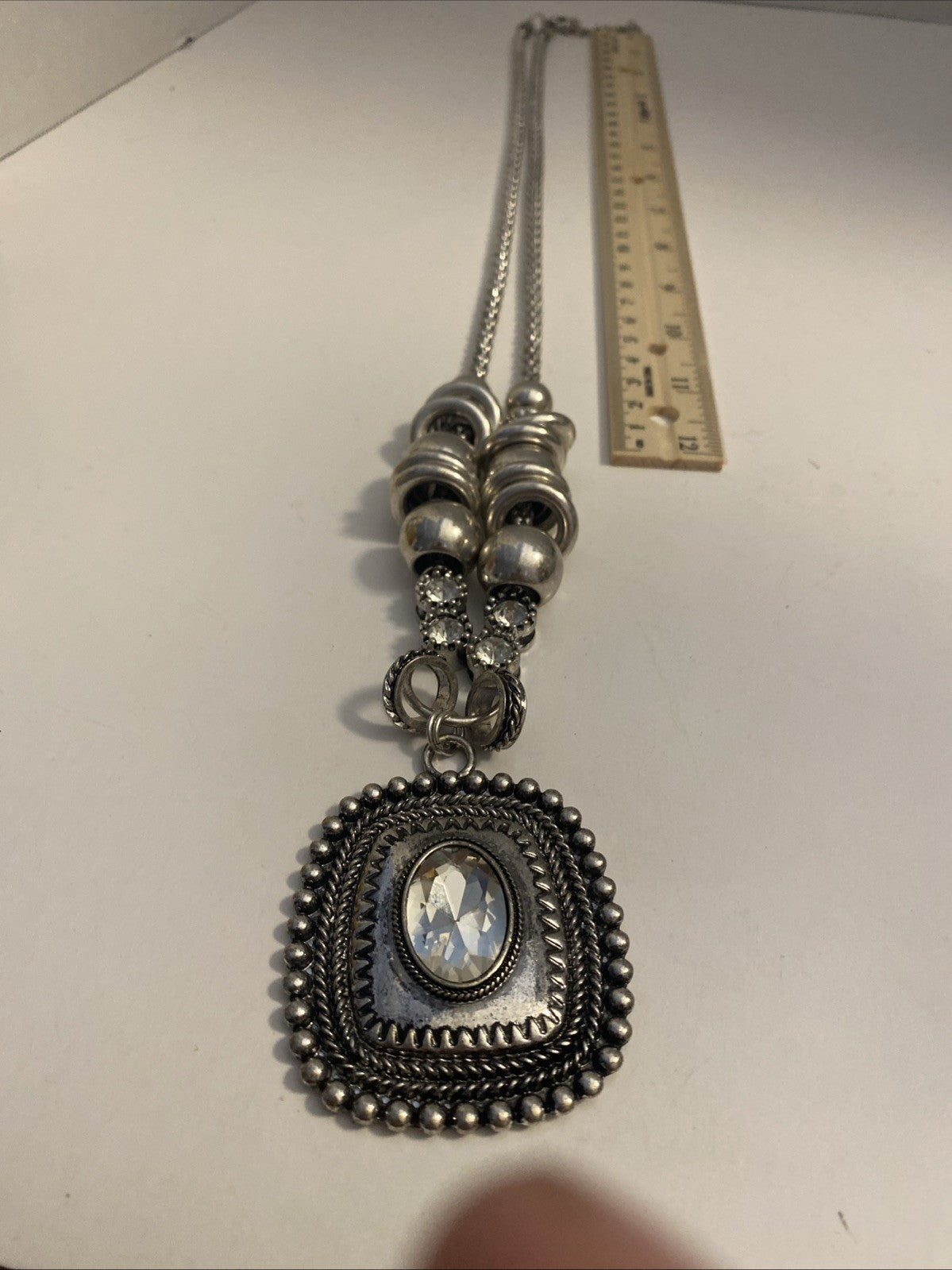 C1946 Clear Crystal Pendant Silver Tone Long Necklace