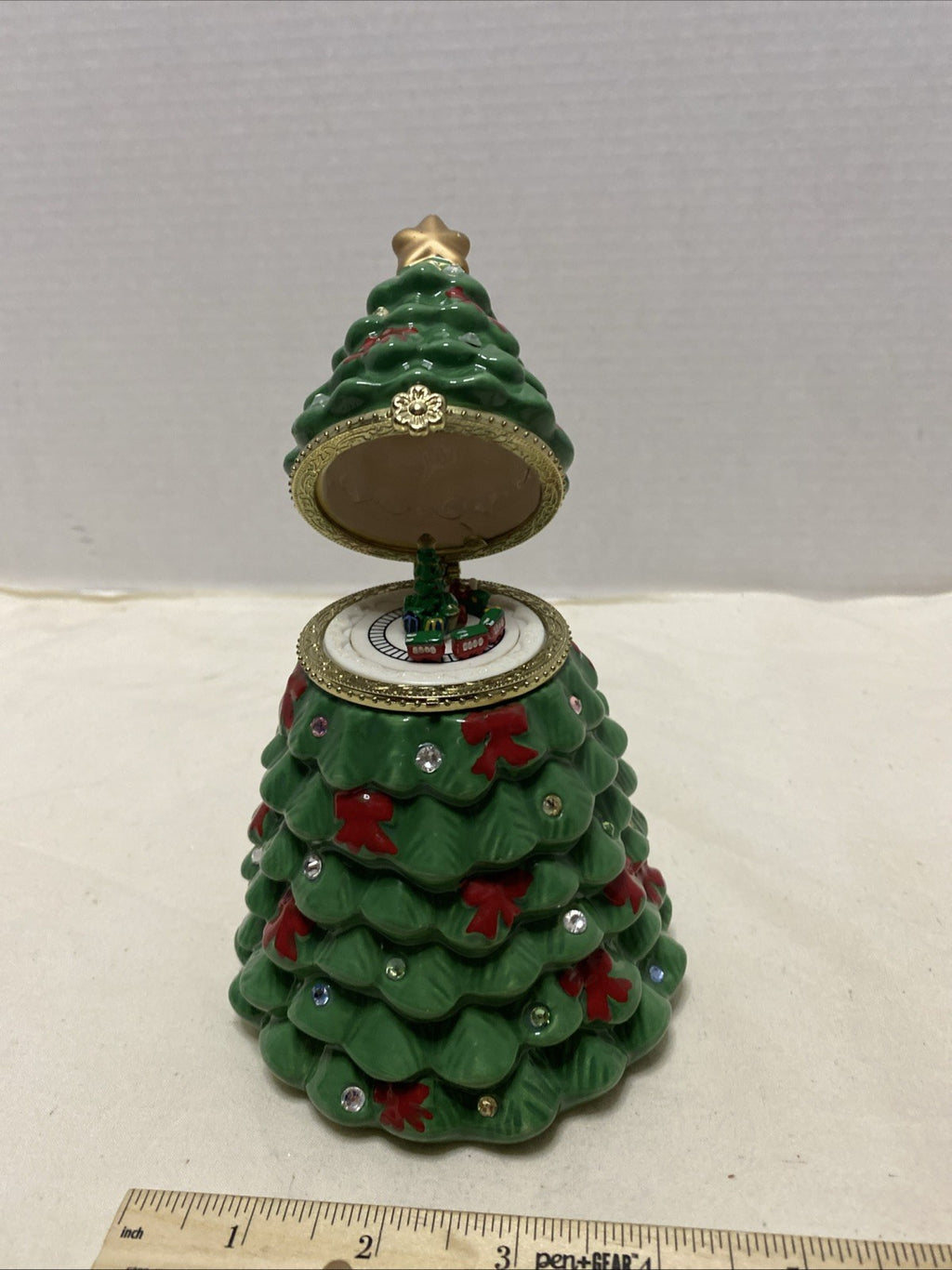 Mr. Christmas Musical Tabletop Ceramic Christmas Tree With Train Inside Top