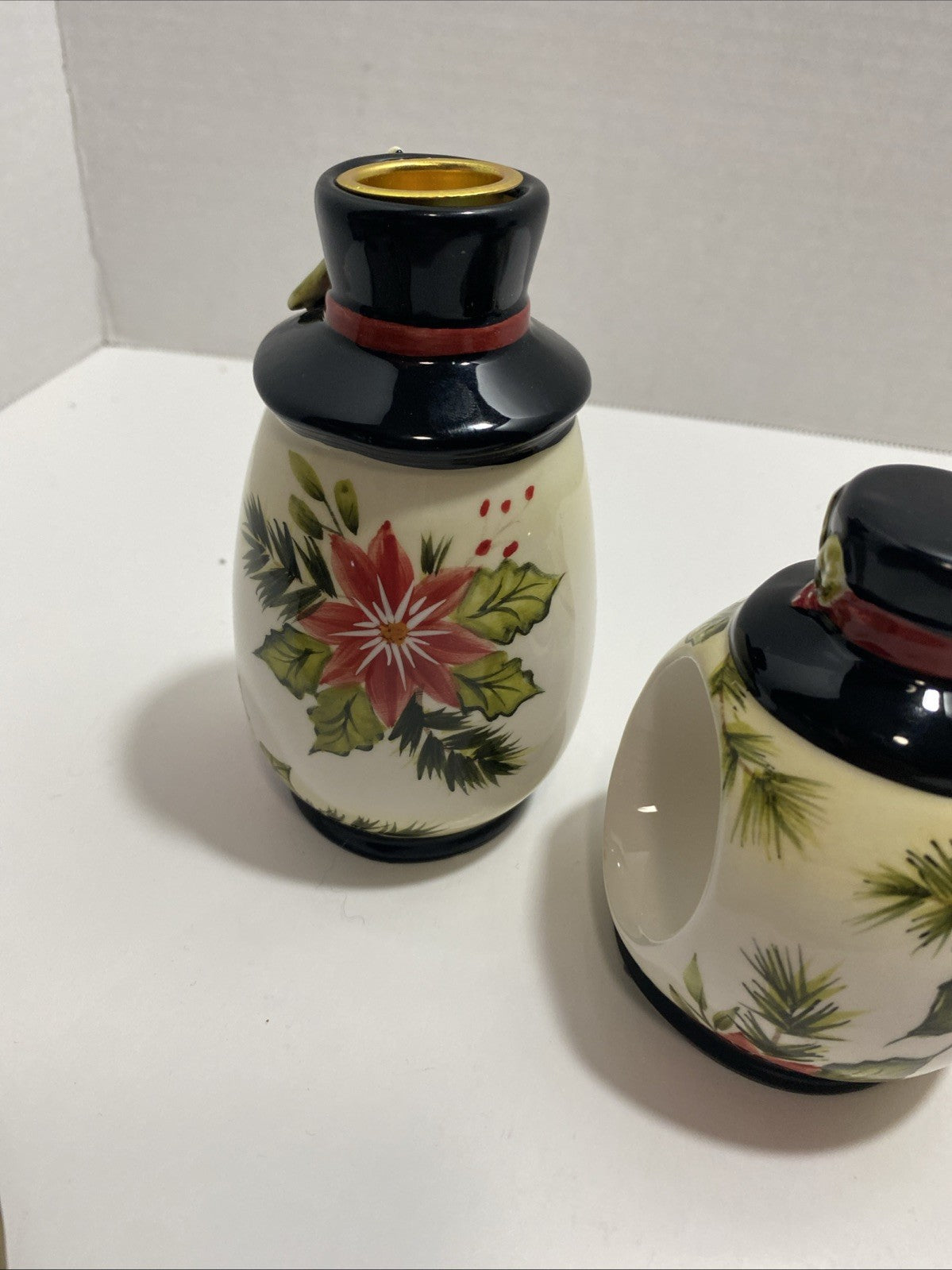 Lot Of 2 Poinsettia Snowman Napkin Ring Holders And 2 Candle Holders