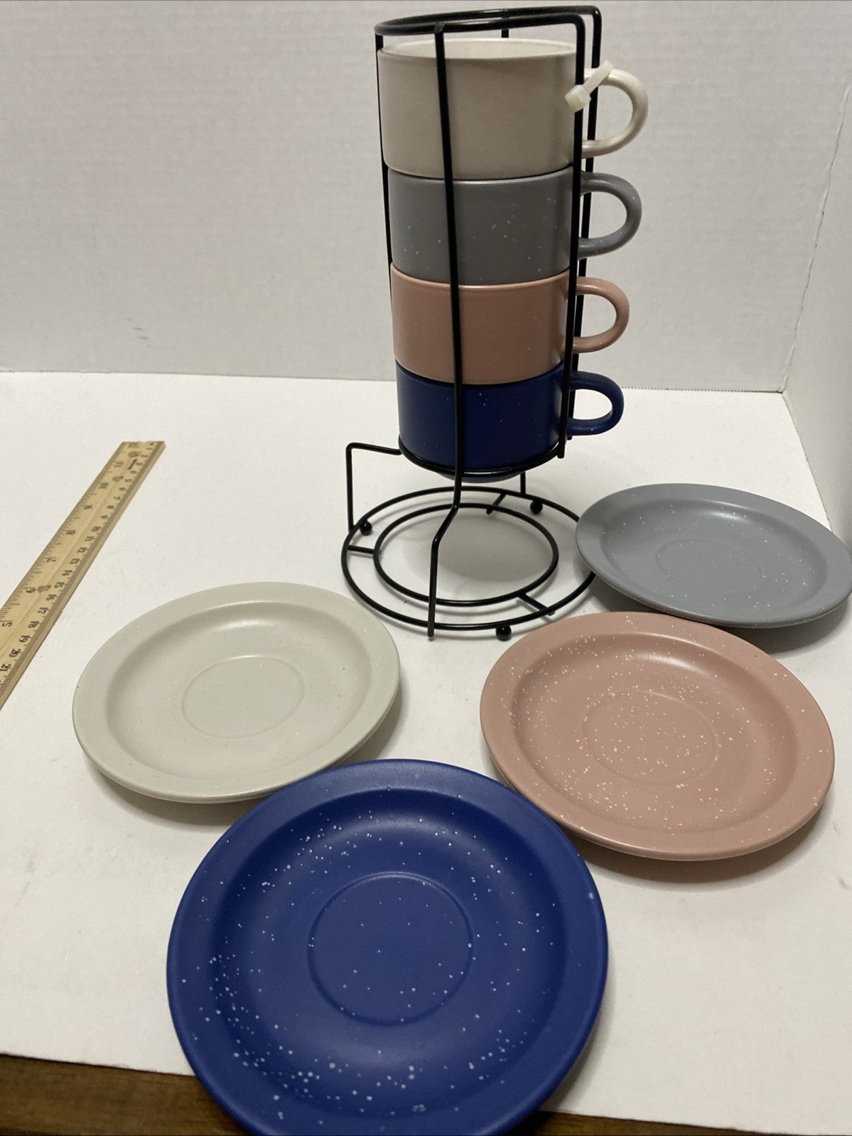 Stoneware Stackable Espresso Cups with Saucers and Metal Stand Set of...4