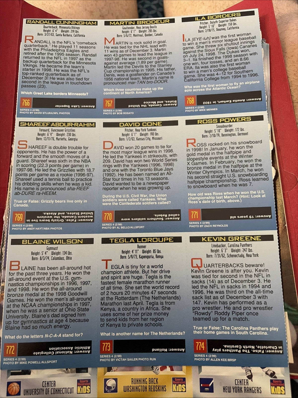 Sports Illustrated Kids 1999 02 Febr Uncut Card Sheet Kevin Greene David Cone