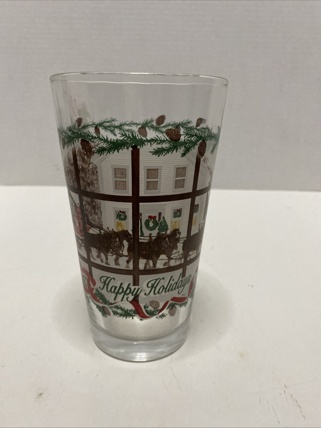 Budweiser Happy Holidays Beer Pint Glass Frosted Clydesdales