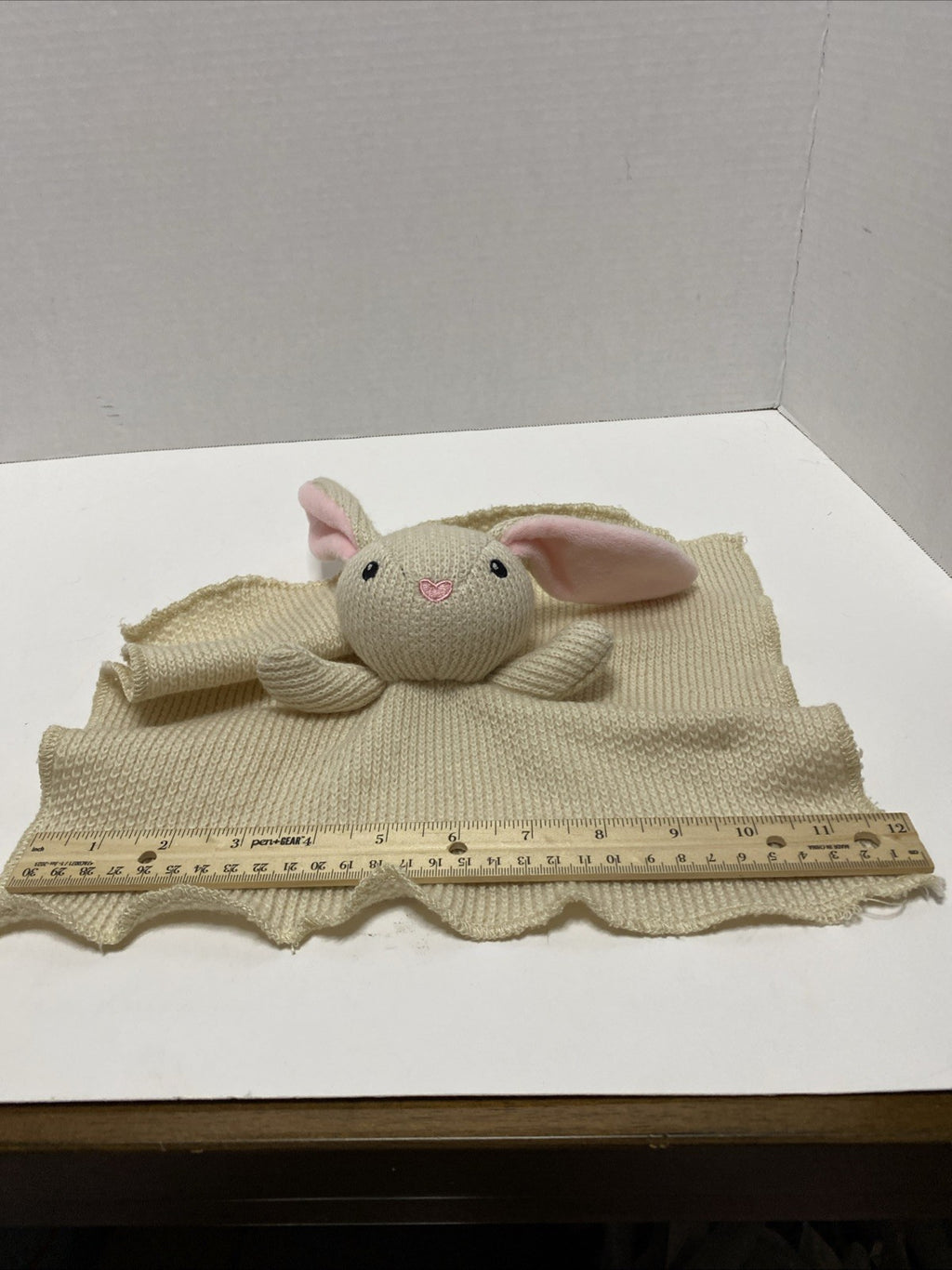 Walgreens Cream Beige Bunny Knit Baby Blanket Heart Nose Pink Ears