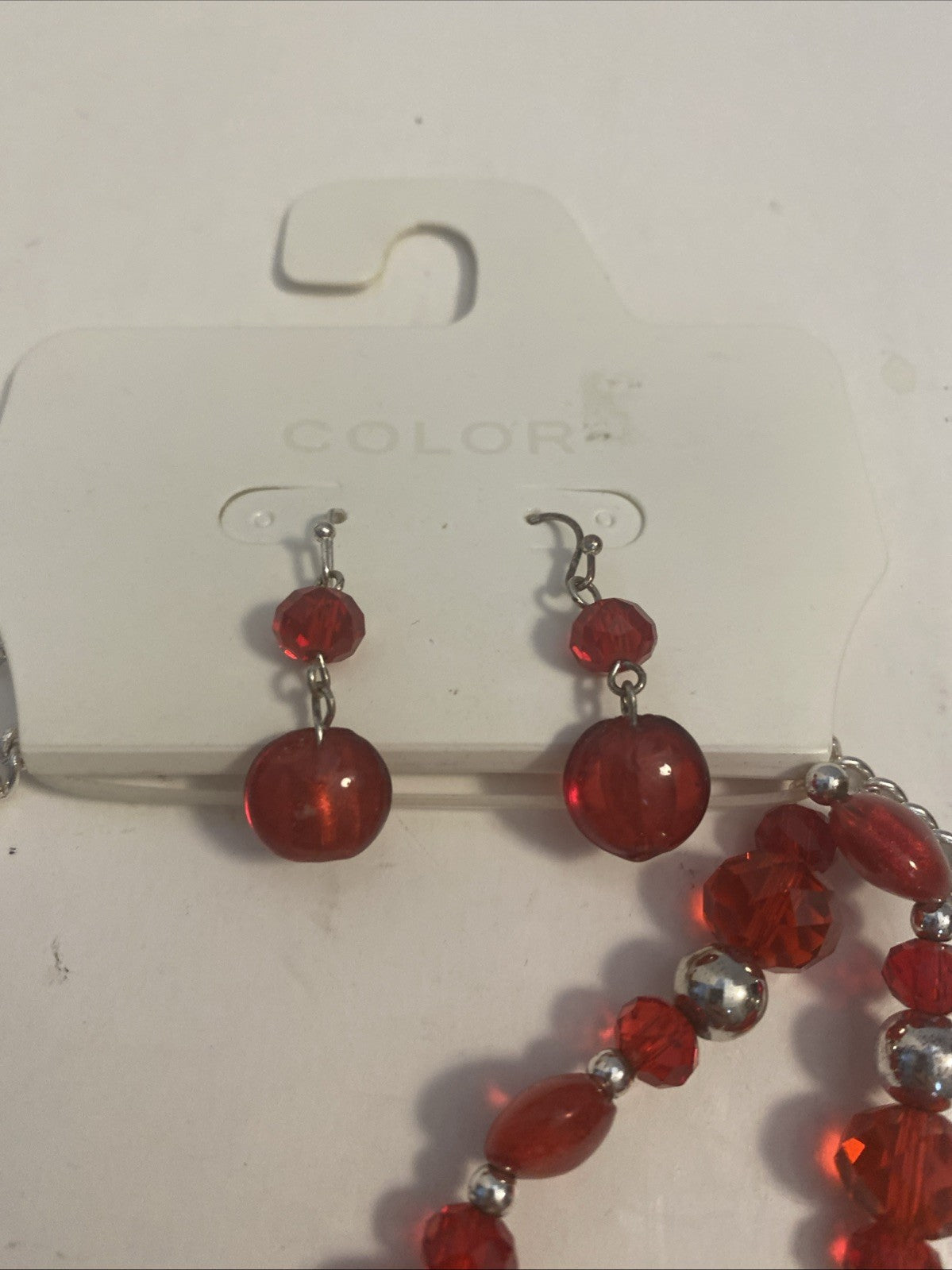 gemstone necklace pendant red clear balls w diamonties bracelet, and earring set