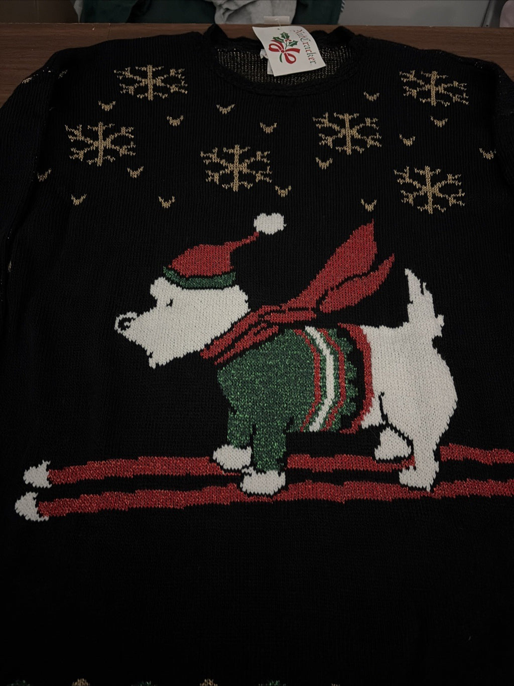Vintage Nutcracker Christmas Sweater Dog on Skis Acrylic & Lurex Womens M Ugly