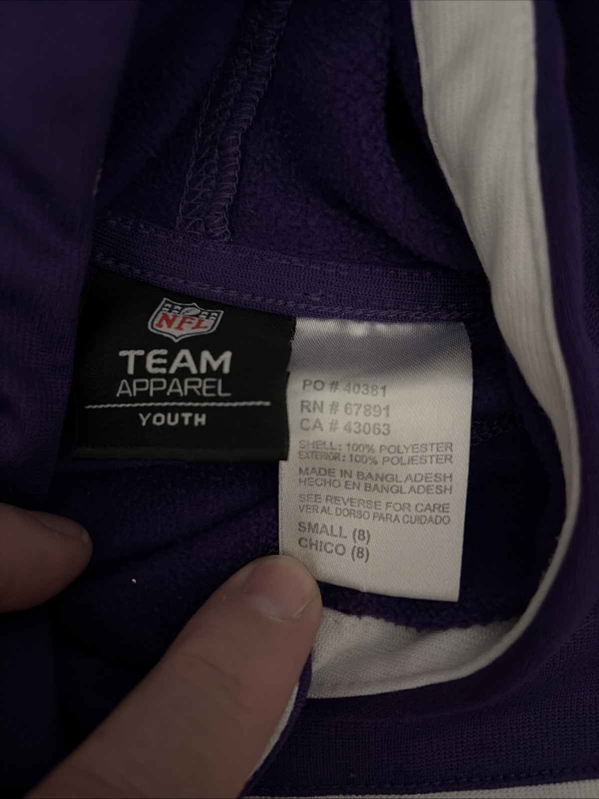 NFL team apparel Minnesota Vikings Youth Small (8) Hoodie. No Strings