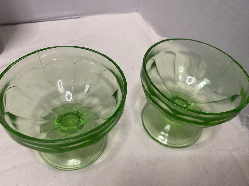 Uranium Green Colored Depression Glass Champagne / Sherbert / Dessert Glasses
