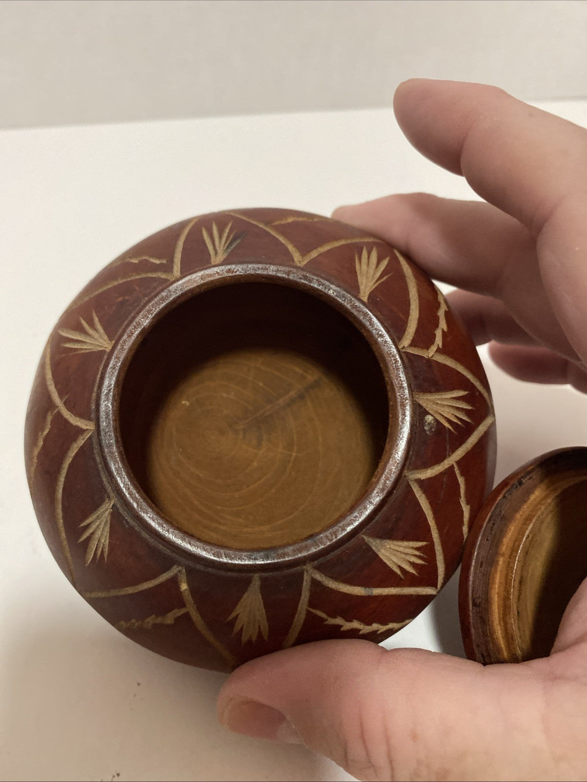 Vintage Hand Carved Wooden Trinket Box With Lid Swirl Design Small 5” Approx