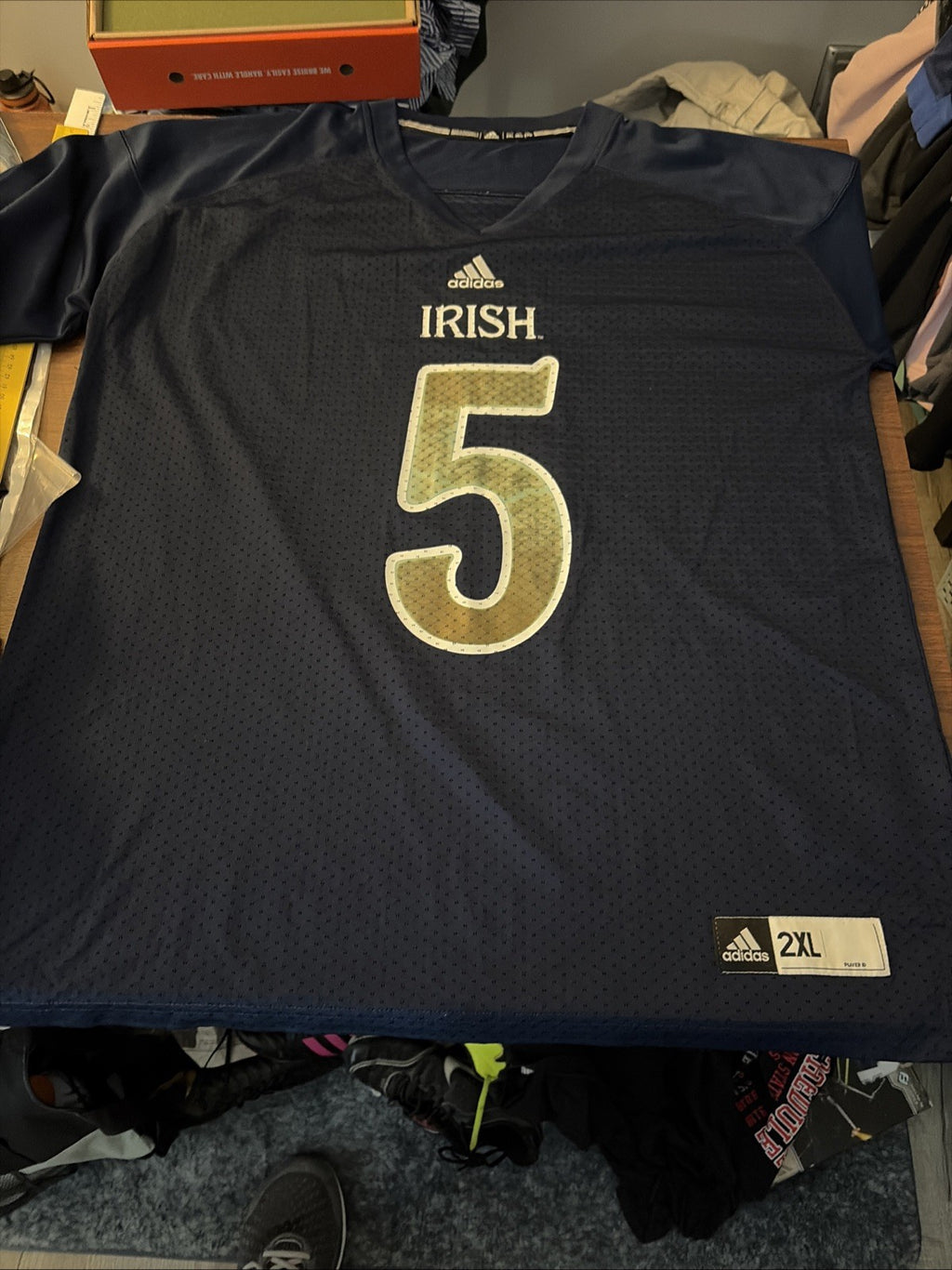 Adidas Notre Dame Irsih #5 Football Jersey Adult Size 2XL Navy Gold Breathable