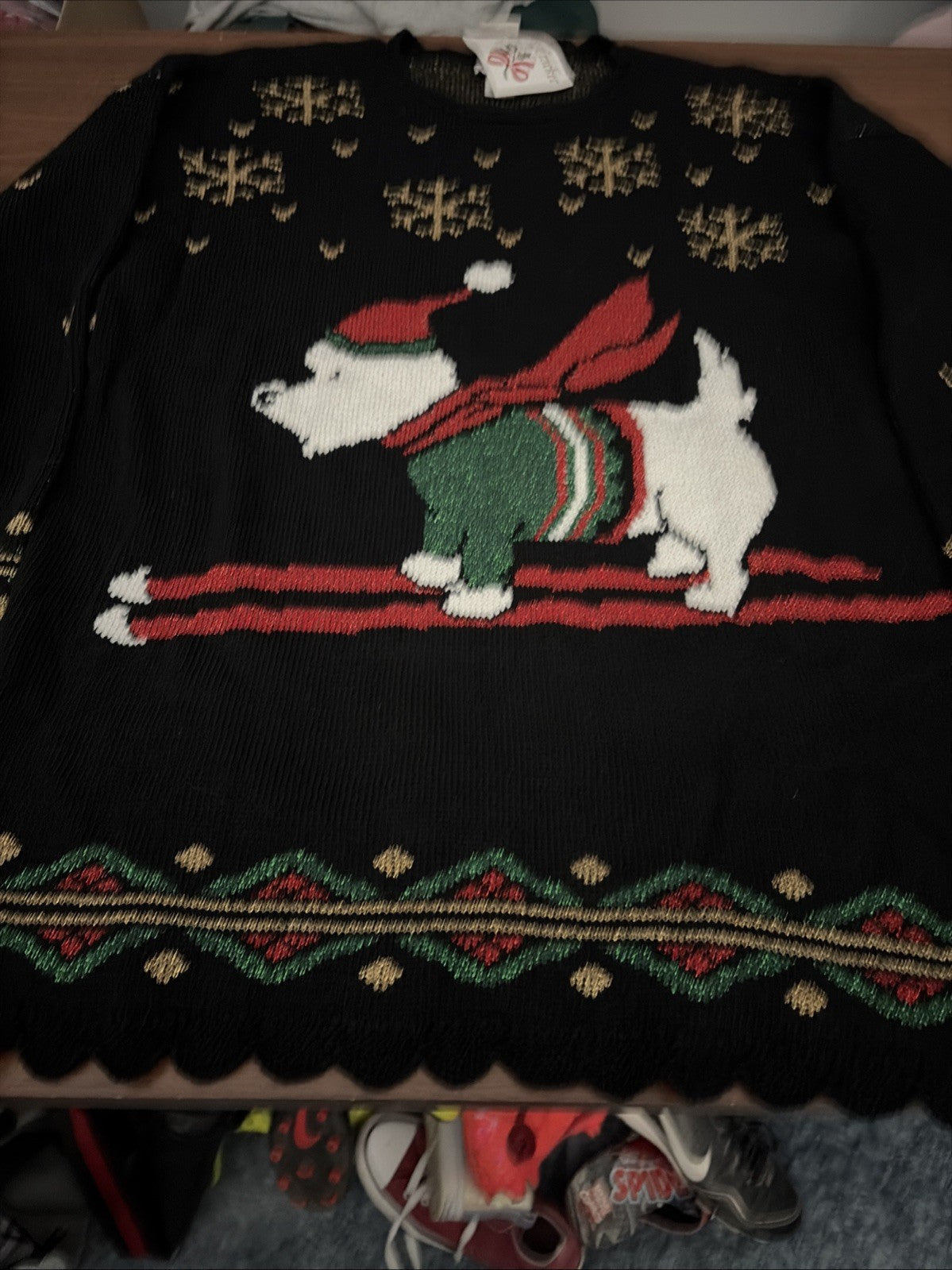 Vintage Nutcracker Christmas Sweater Dog on Skis Acrylic & Lurex Womens M Ugly