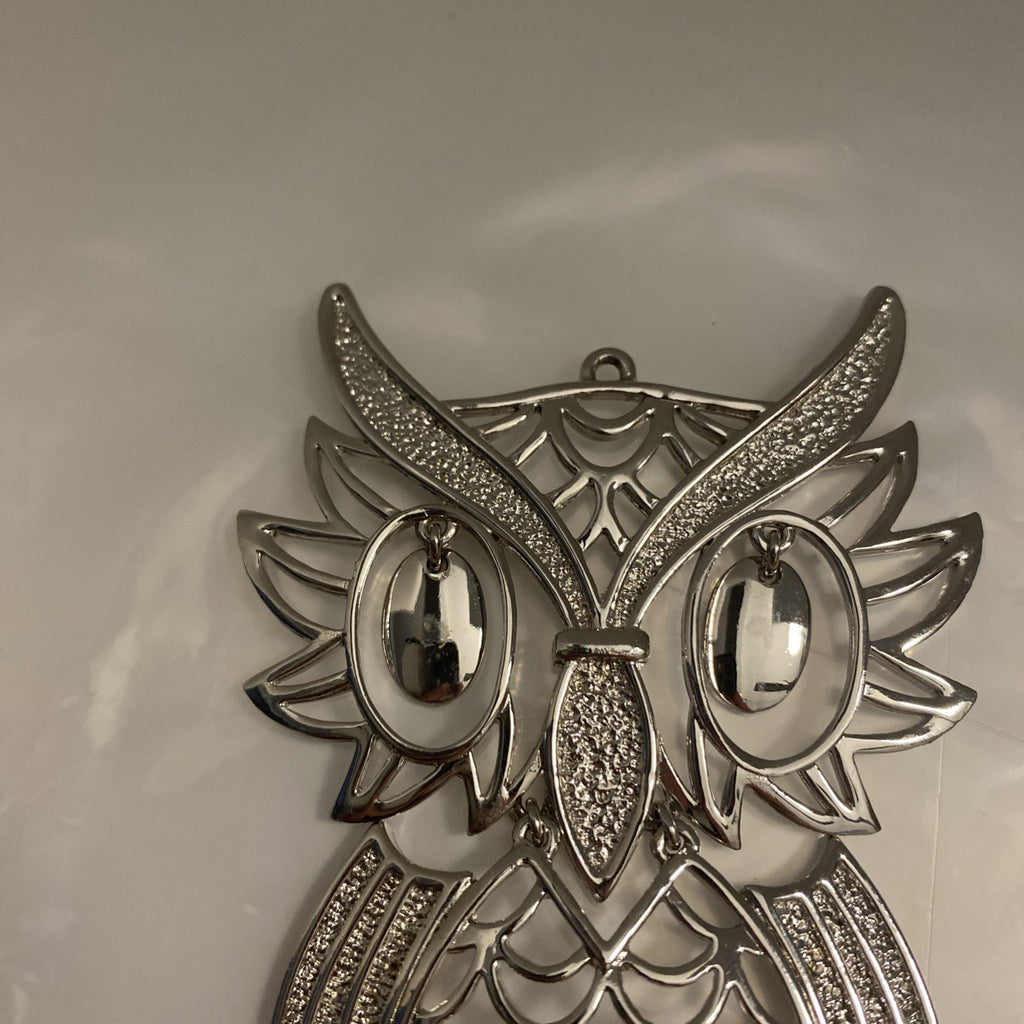 Vintage Silver Tone Large Owl Statement Pendant Bead Eyes Hinged