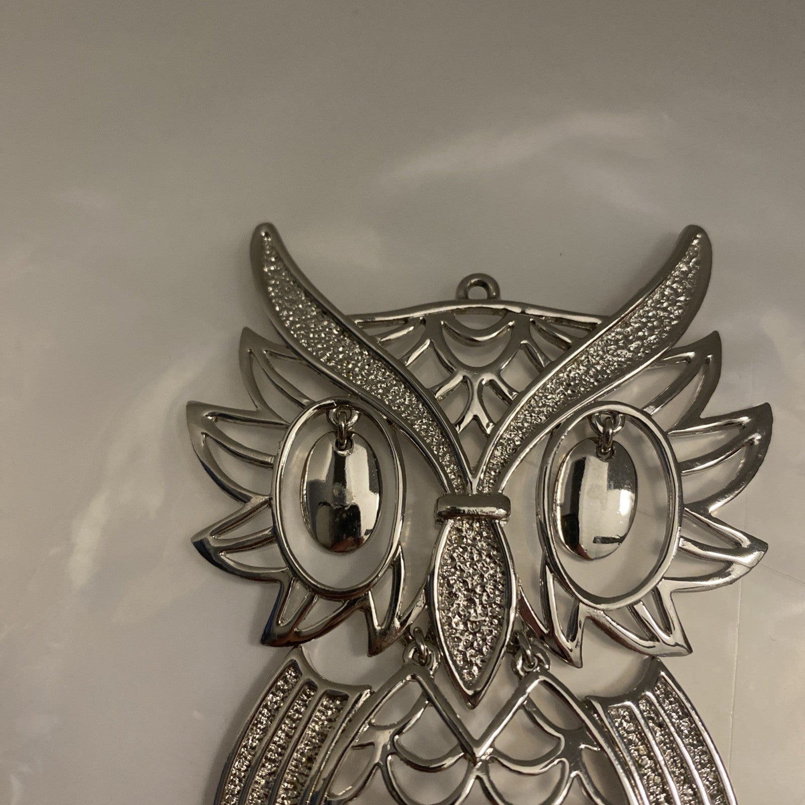 Vintage Silver Tone Large Owl Statement Pendant Bead Eyes Hinged