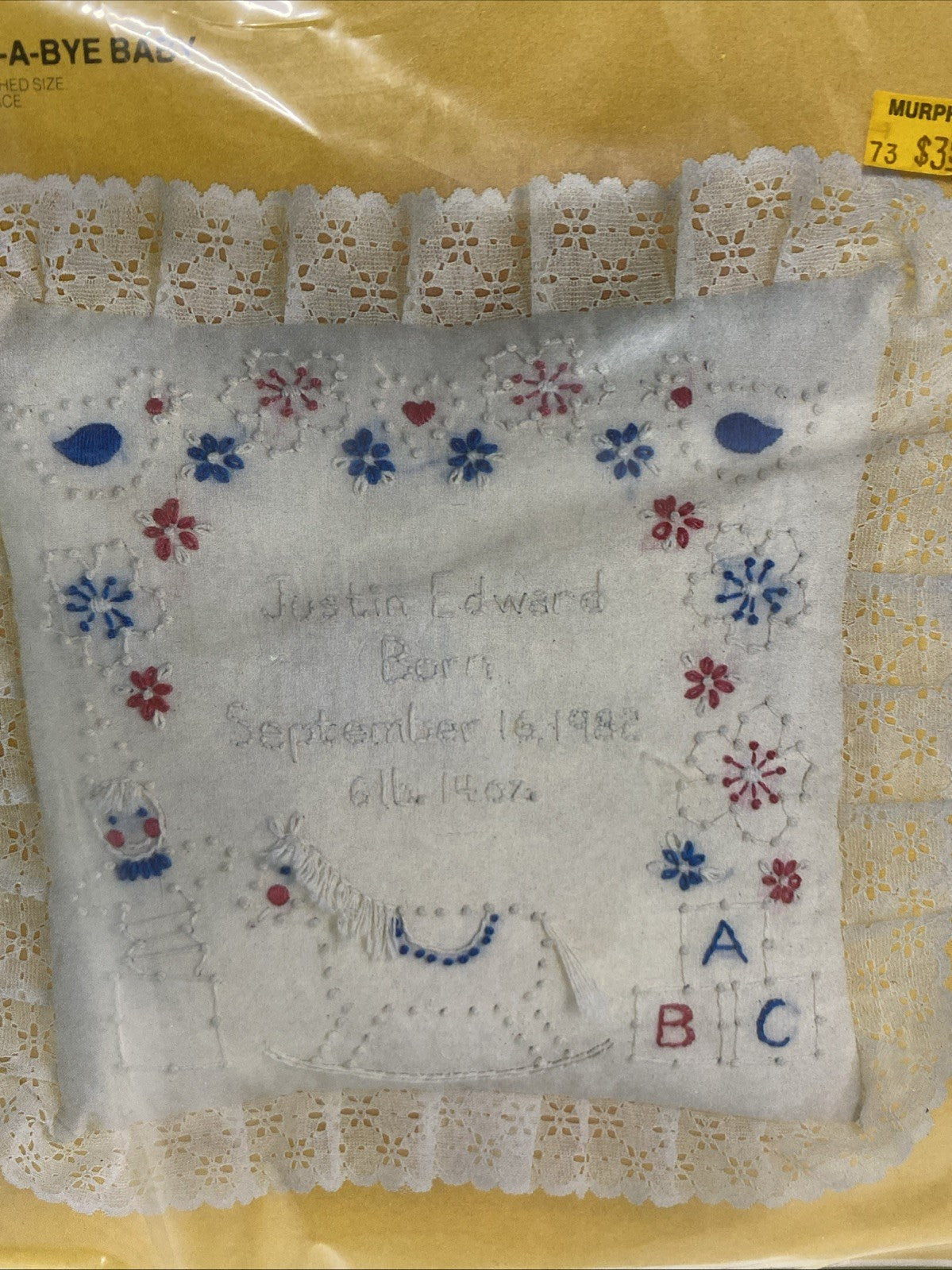Candlewick Embroidery Birth Announcement Pillow Kit 14" x 14" NIP 