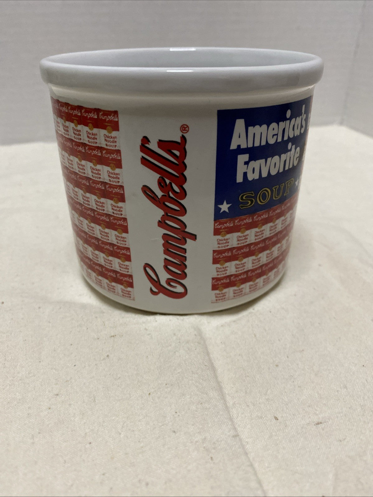Campbell's Soup Mug Cup 1998 Flag AMERICAS FAVORITE SOUP Red White Blue VTG pop