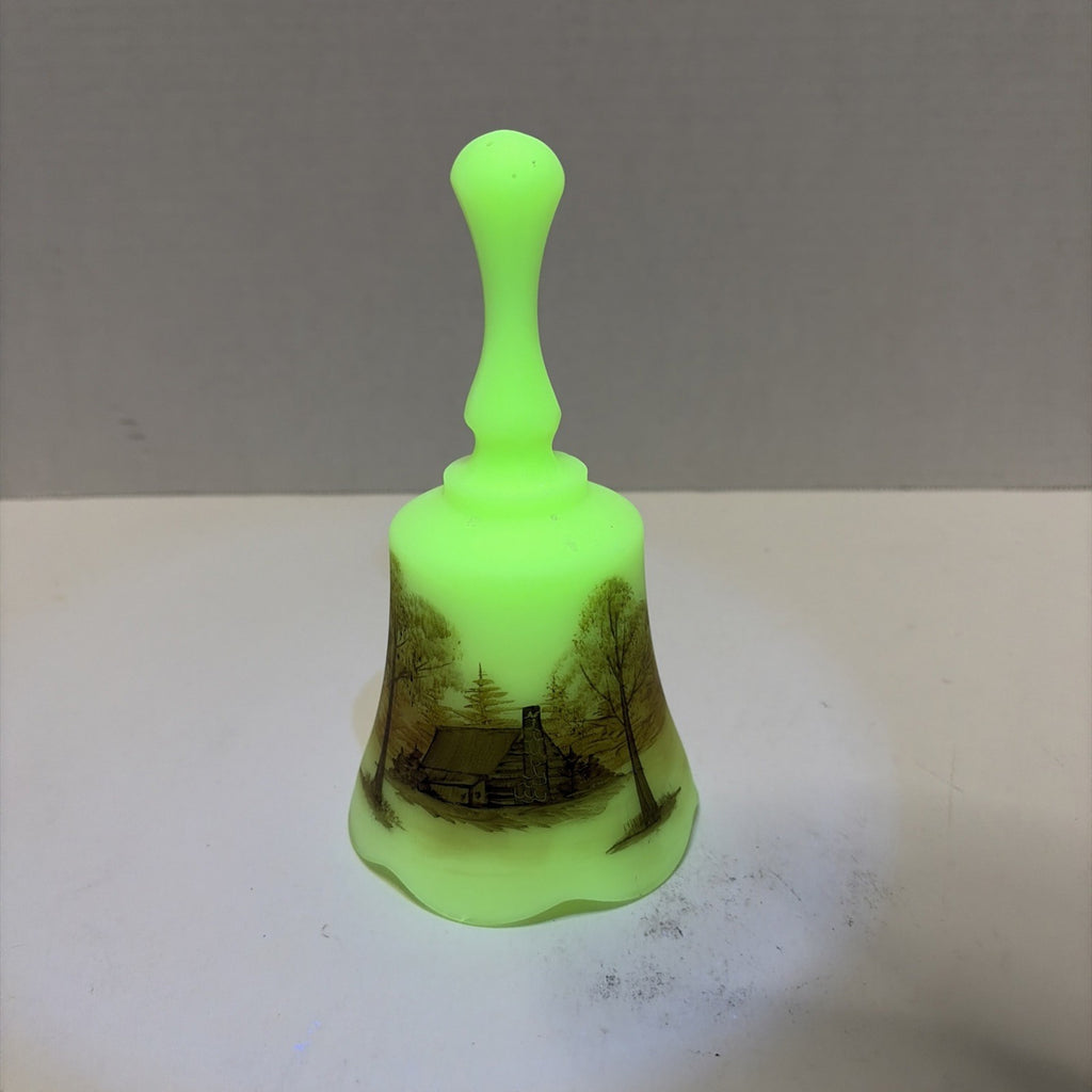 Vintage Fenton Uranium Custard Glass Bell Log Cabin Hand Painted Signed ~ Glows