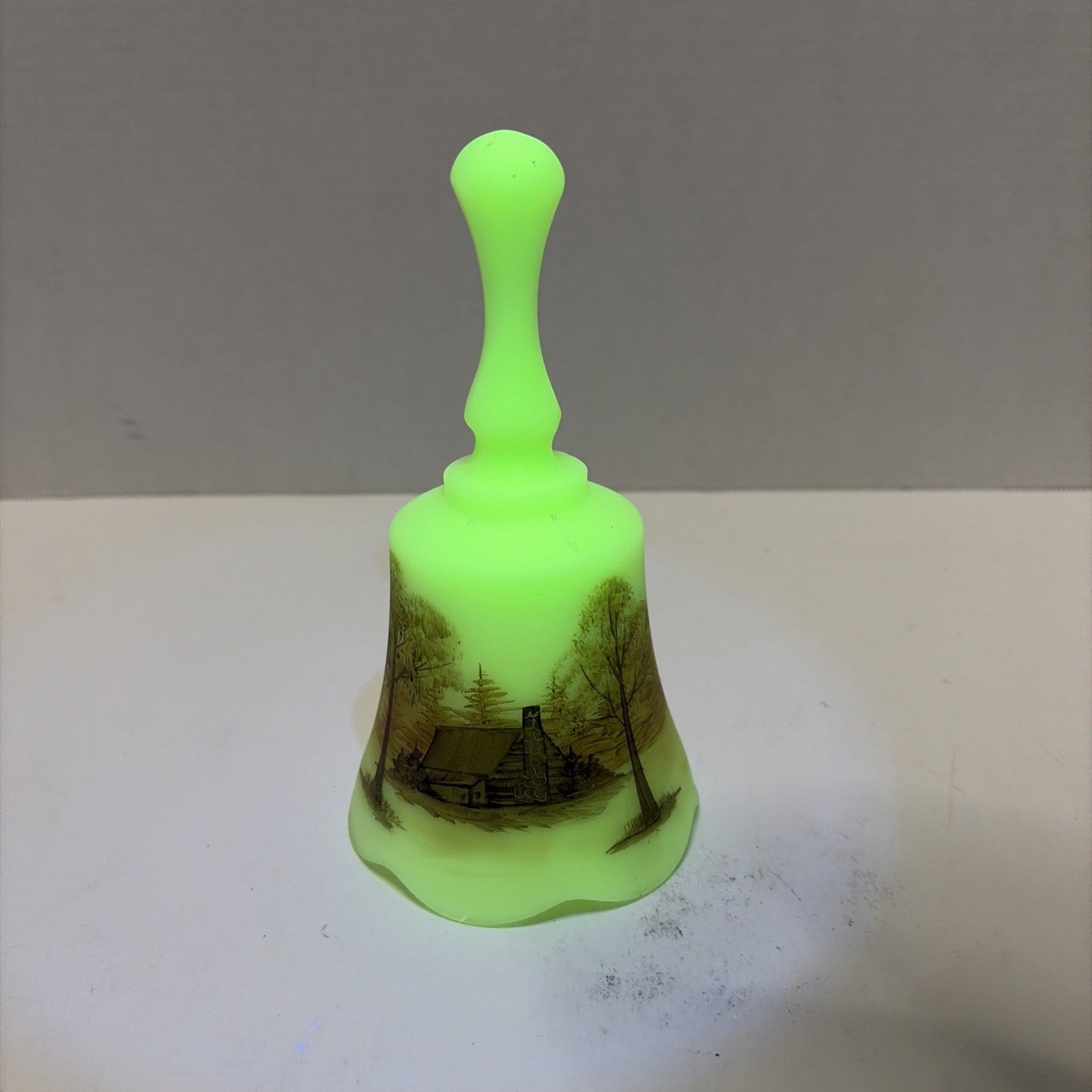 Vintage Fenton Uranium Custard Glass Bell Log Cabin Hand Painted Signed ~ Glows