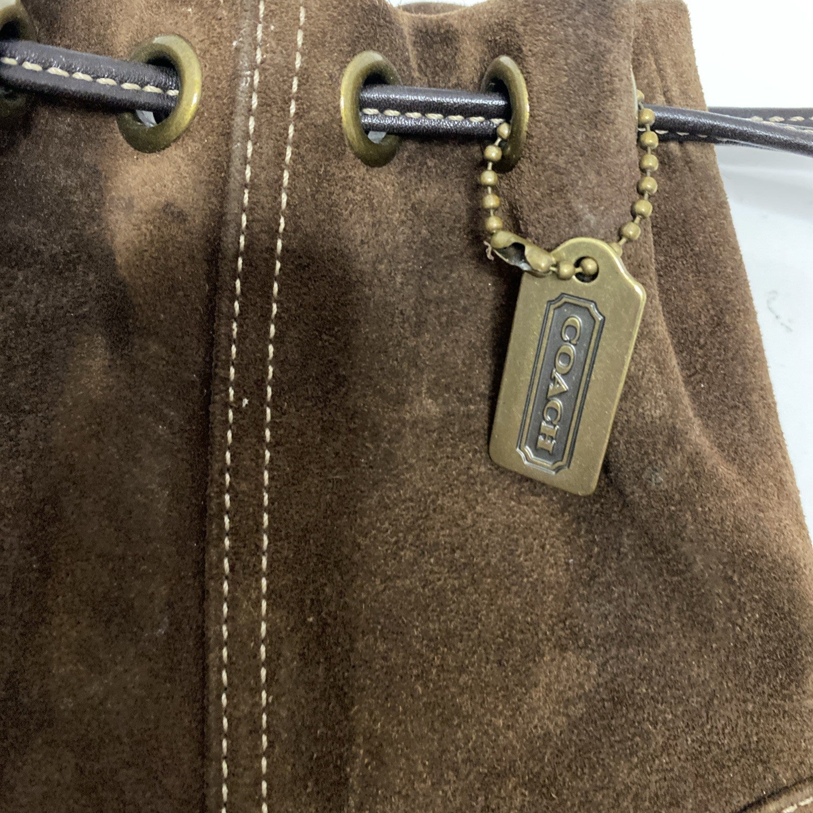 COACH VINTAGE MARBLE BAG DRAW STRING Brown  SUEDE SMALL EUC 6” x 6”