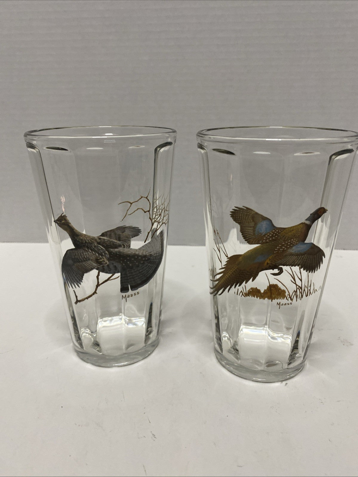 Vtg David Maass Pheasant Glass & Ruffed Grouse Clear Ribbed Pint Glass