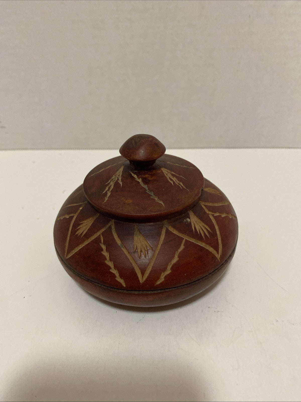 Vintage Hand Carved Wooden Trinket Box With Lid Swirl Design Small 5” Approx