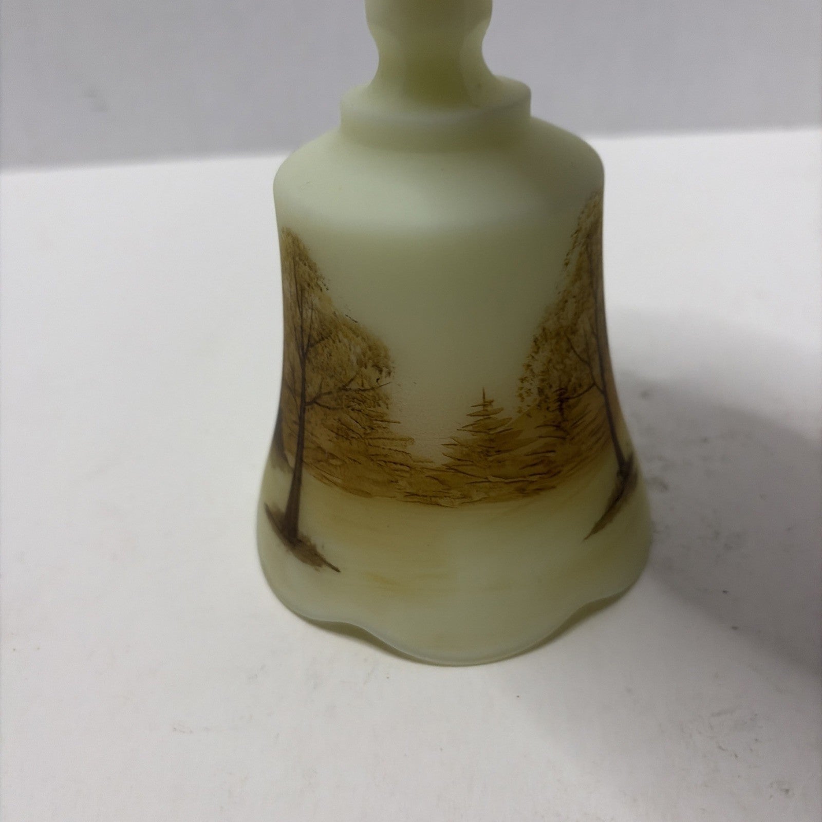 Vintage Fenton Uranium Custard Glass Bell Log Cabin Hand Painted Signed ~ Glows