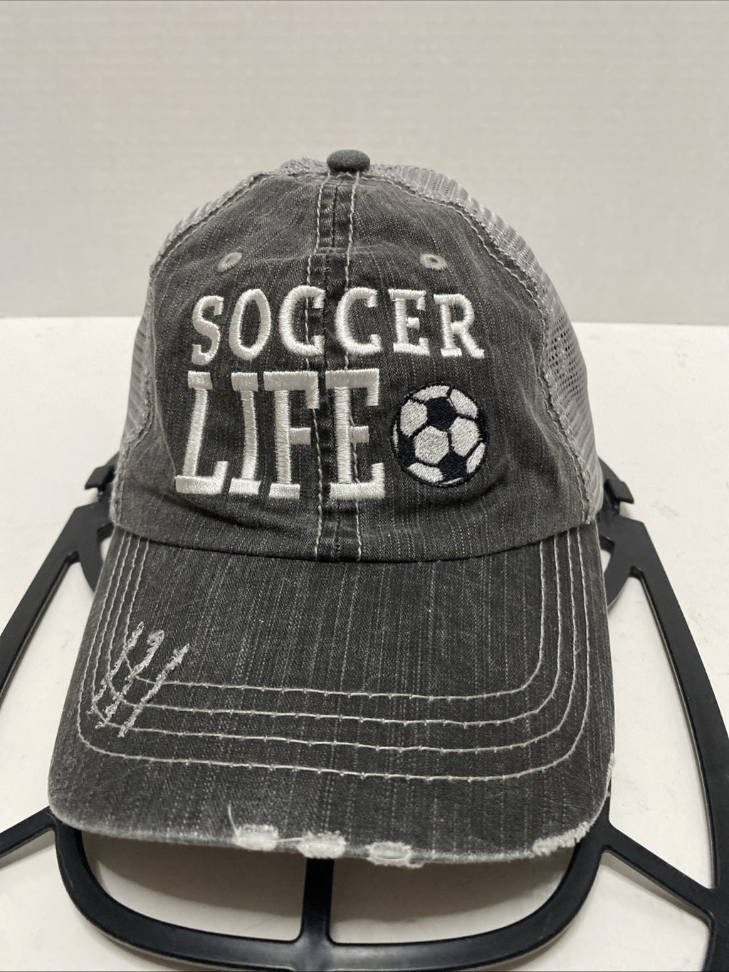 Soccer LifeTrucker Cap Black Distressed Embroidered Mesh Adjustable