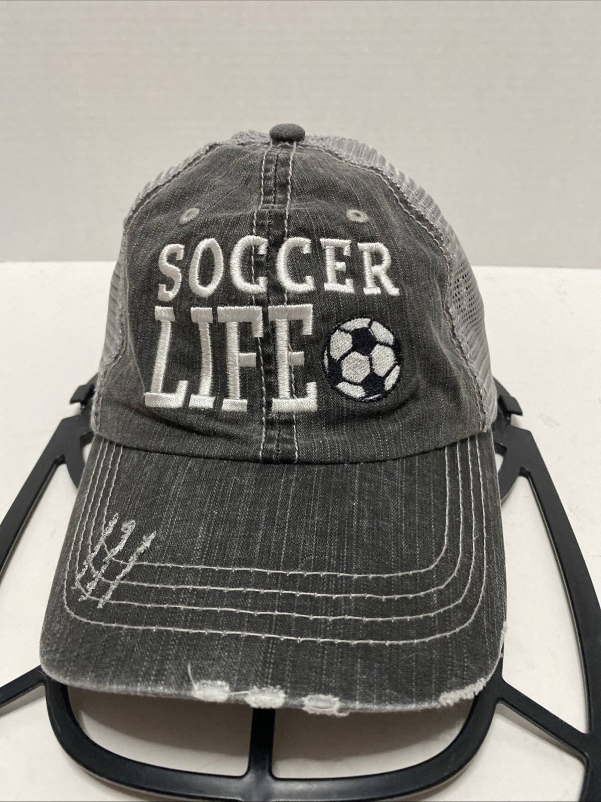 Soccer LifeTrucker Cap Black Distressed Embroidered Mesh Adjustable