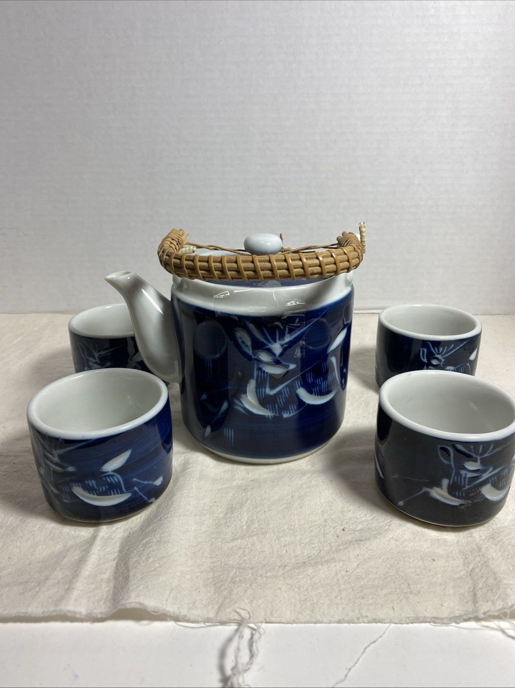 Vintage MCI Japan Blue Ceramic Teapot and Cup Set with White Etched Deer Design