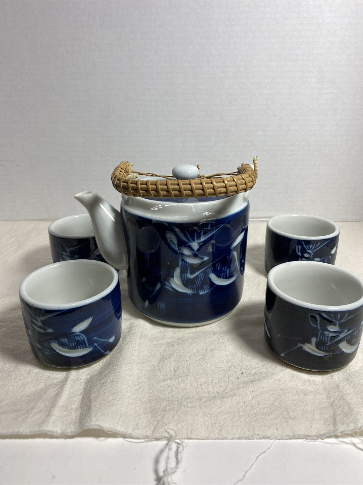 Vintage MCI Japan Blue Ceramic Teapot and Cup Set with White Etched Deer Design