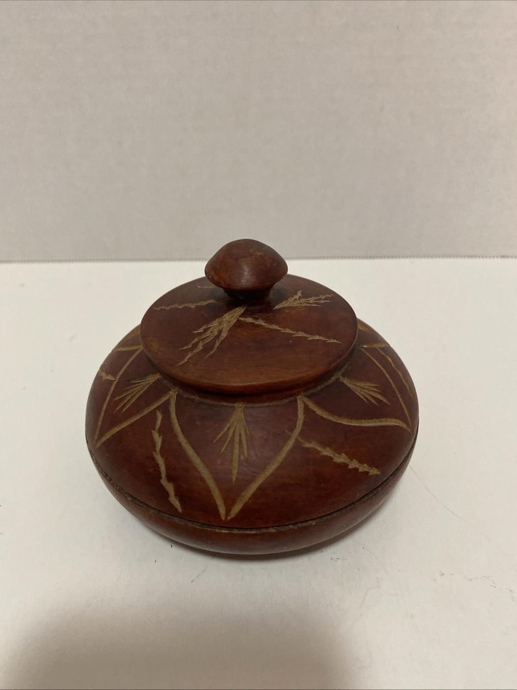 Vintage Hand Carved Wooden Trinket Box With Lid Swirl Design Small 5” Approx
