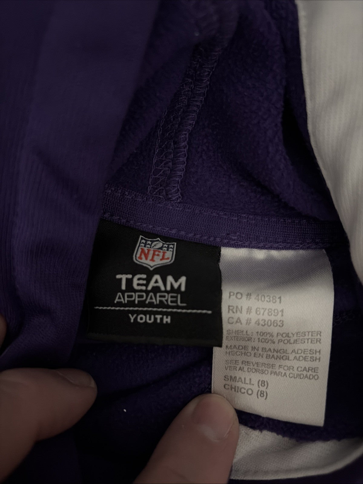 NFL team apparel Minnesota Vikings Youth Small (8) Hoodie. No Strings
