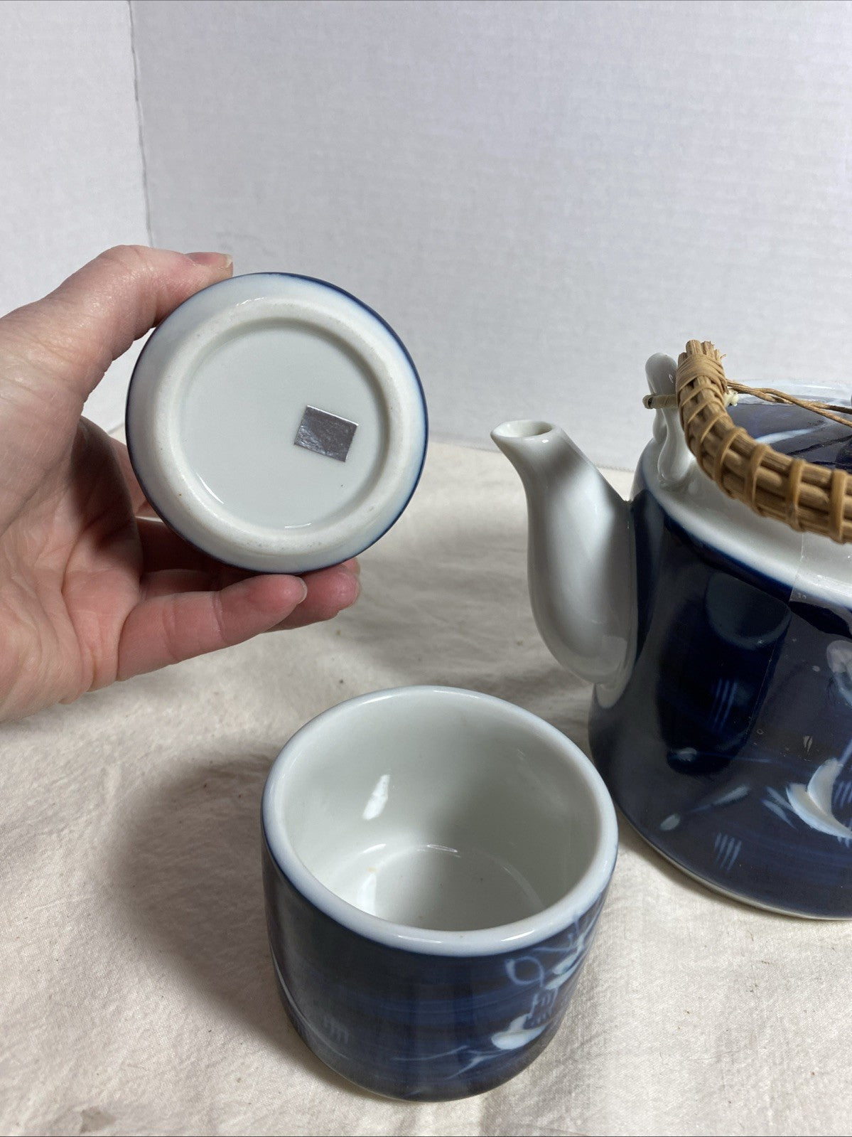 Vintage MCI Japan Blue Ceramic Teapot and Cup Set with White Etched Deer Design
