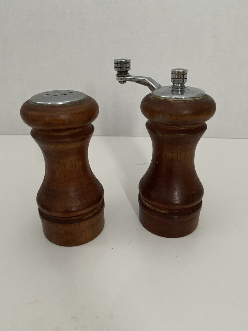 Vintage Heavy Salt & Pepper Shakers Set Wooden Catalina Forged Steel Gear