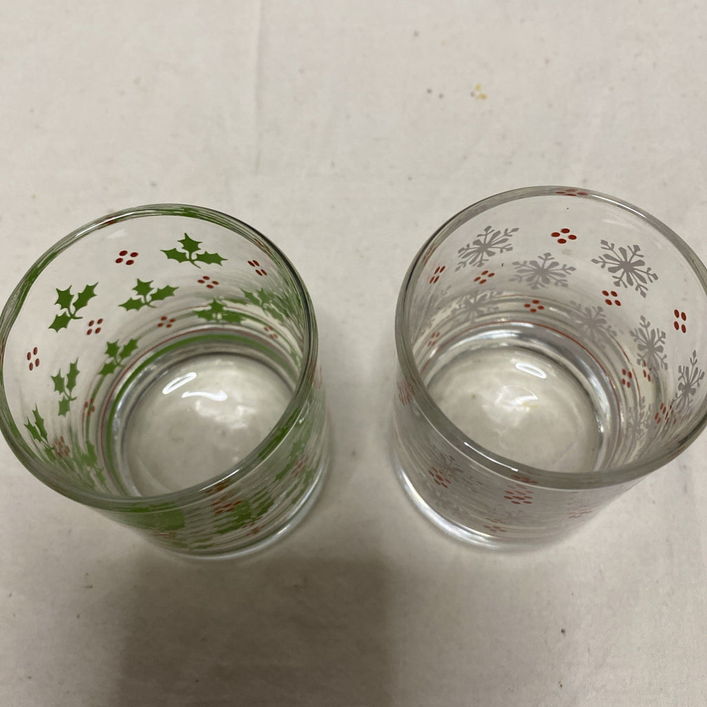 Set of 2 -Holly Berry & Snowflake Lowball Rocks Drinking Glasses
