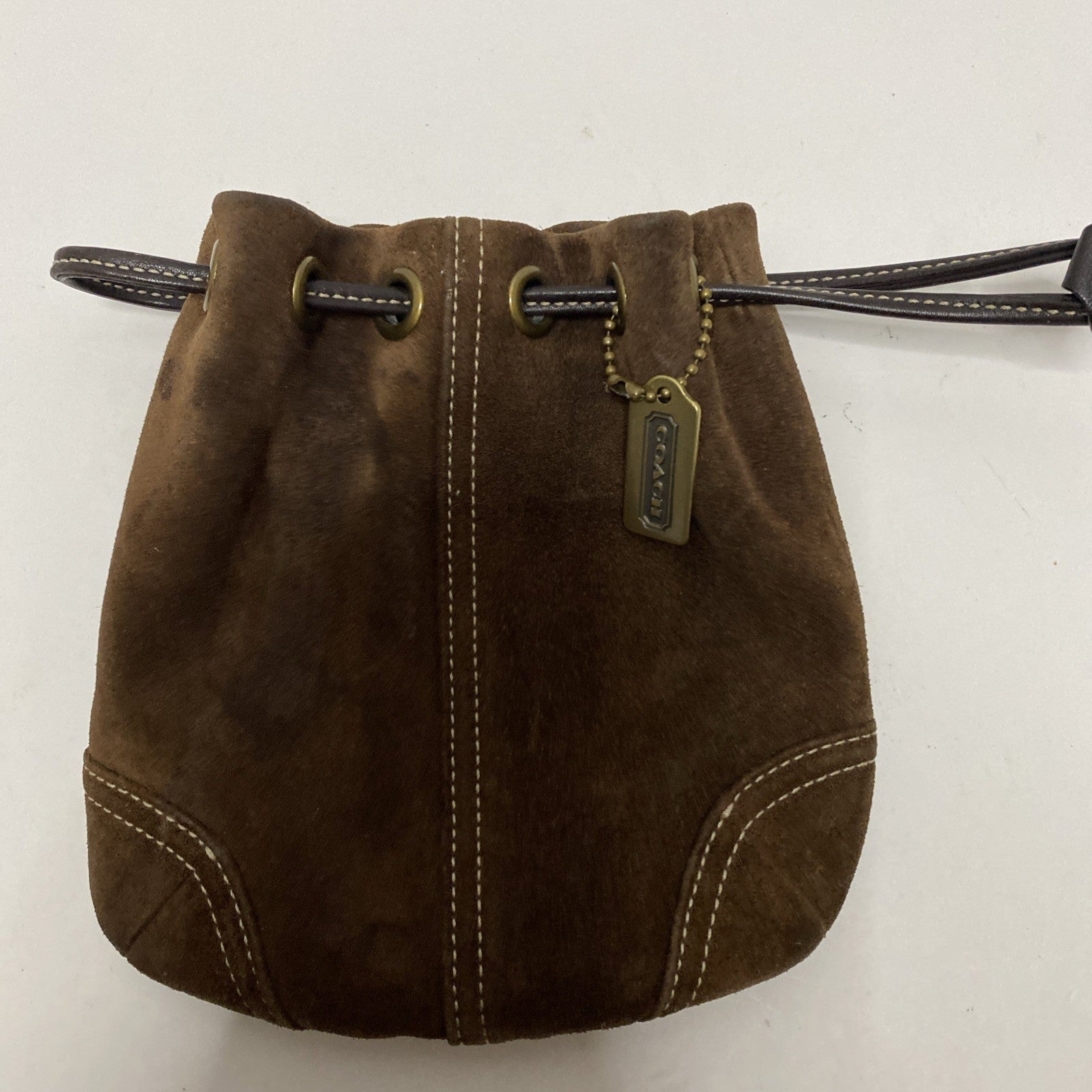 COACH VINTAGE MARBLE BAG DRAW STRING Brown  SUEDE SMALL EUC 6” x 6”
