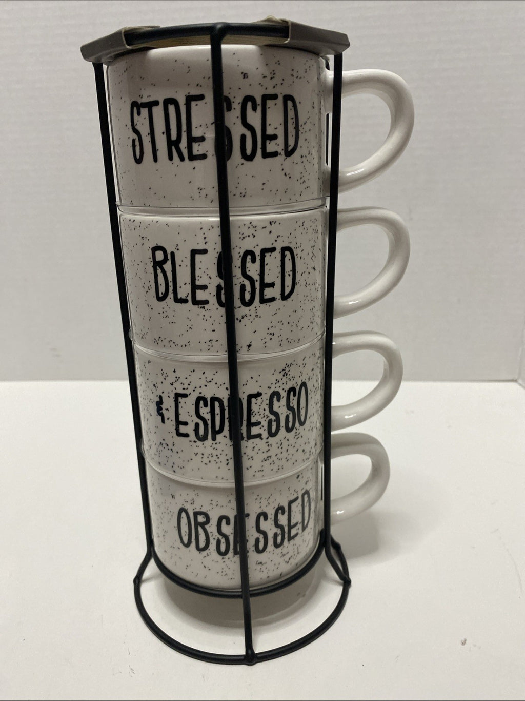 Stressed Blessed & Obsessed Espresso Stacking Mugs & Rack Home Essentials NEW