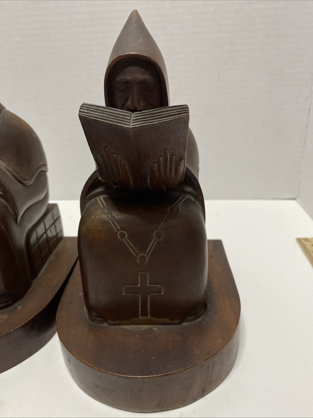 Vintage Hand Carved Wooden Monk Bookends Mid century dark wood christian hermit