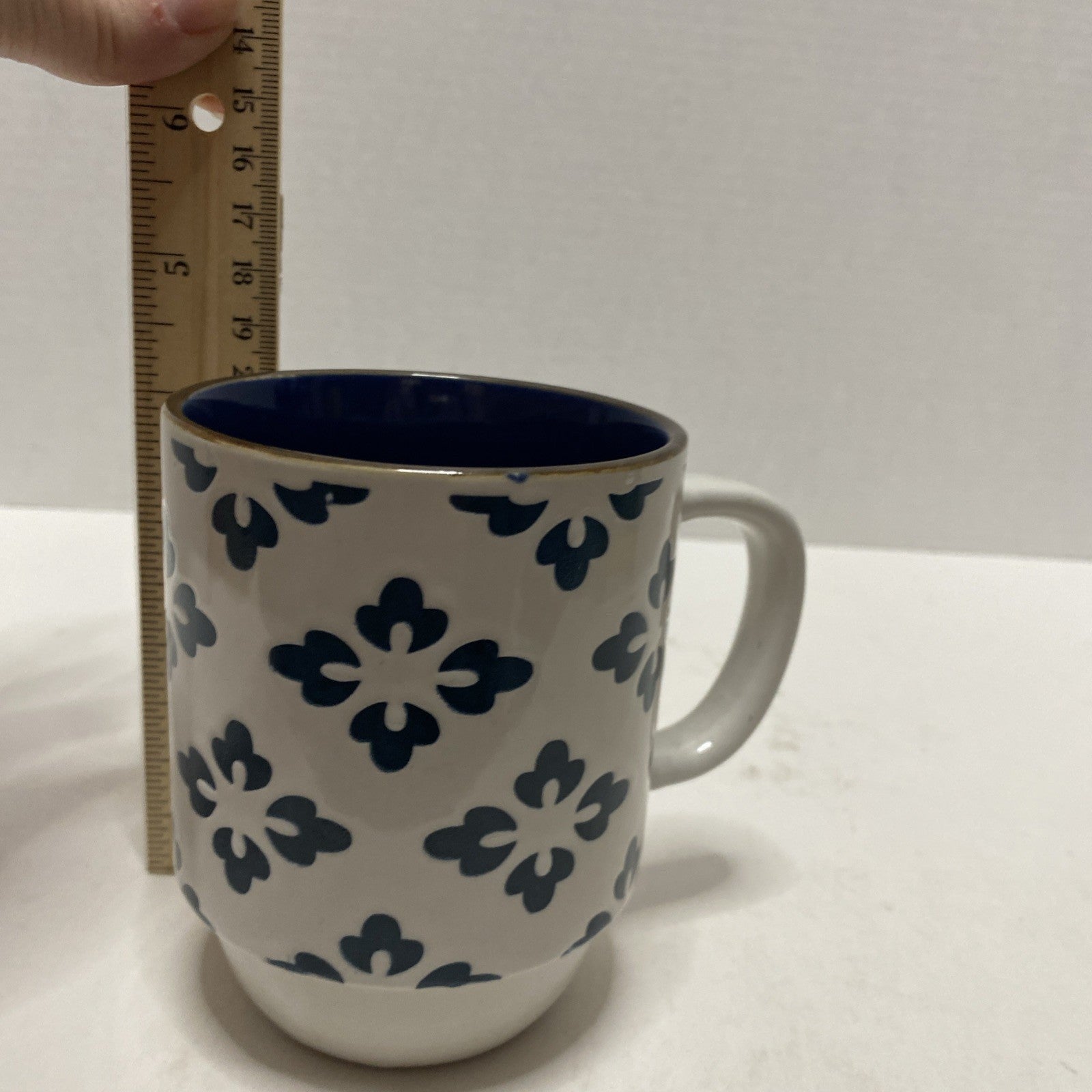 Boston Warehouse Trading Corp Glazed Stoneware  Mug White w/ blue design