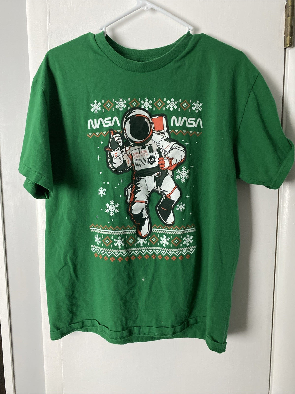 Men's L Green Christmas Nasa Astronaut Short Sleeve T-shirt