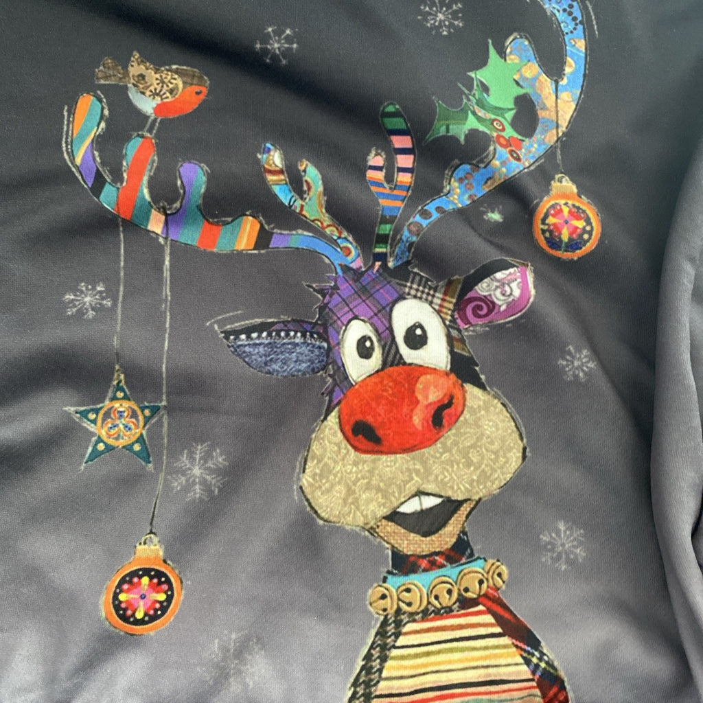 Merry Christmas Long Sleeve Stretch Top Reindeer w/Multi-Color Antlers -Size Med